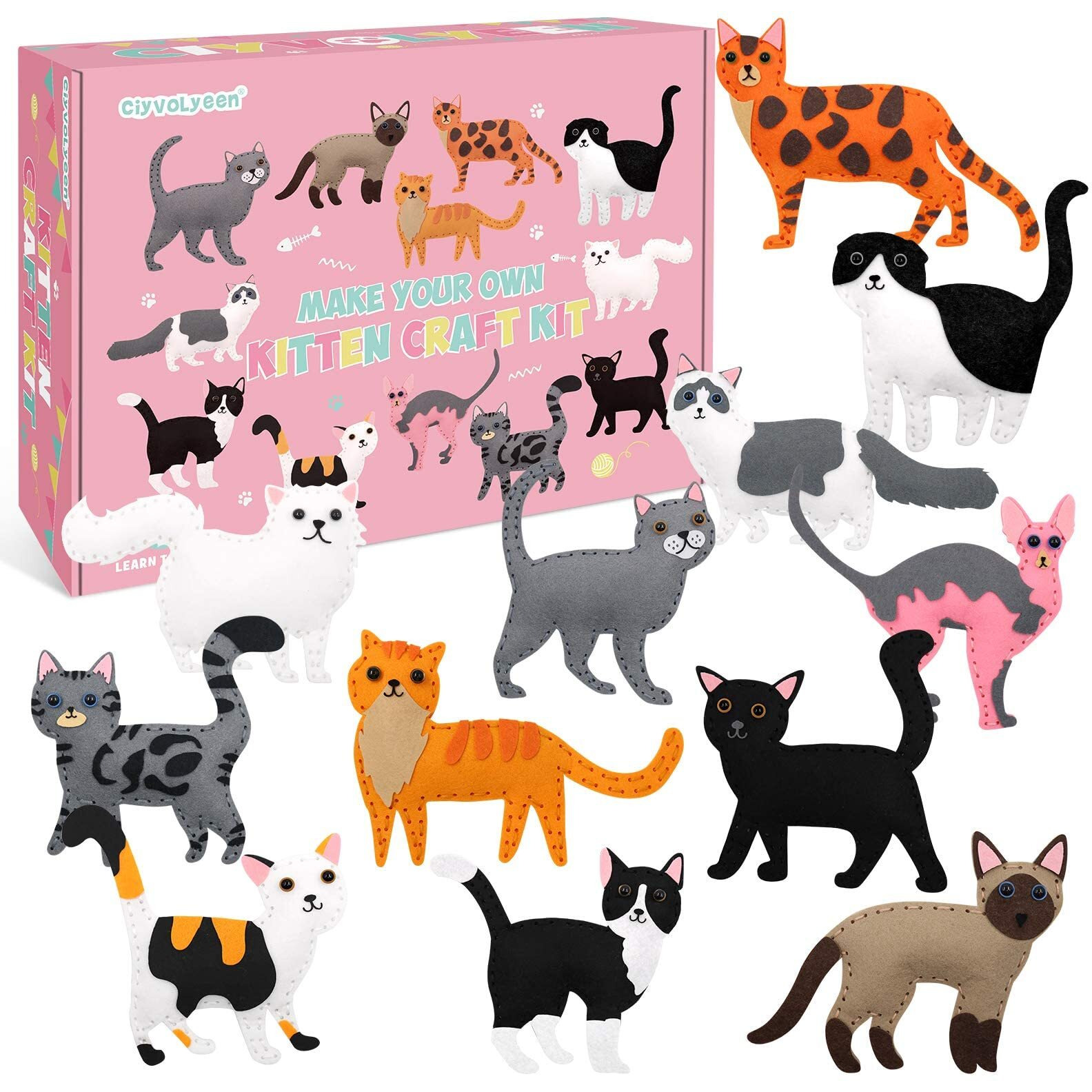 Ciyvolyeen Kitten Craft Kit Kids Diy Crafting And Sewing Set Kitty Cat Stuffed Animal Felt Plushies For Girls And Boys Educational Beginners Sewing Gift Ideas