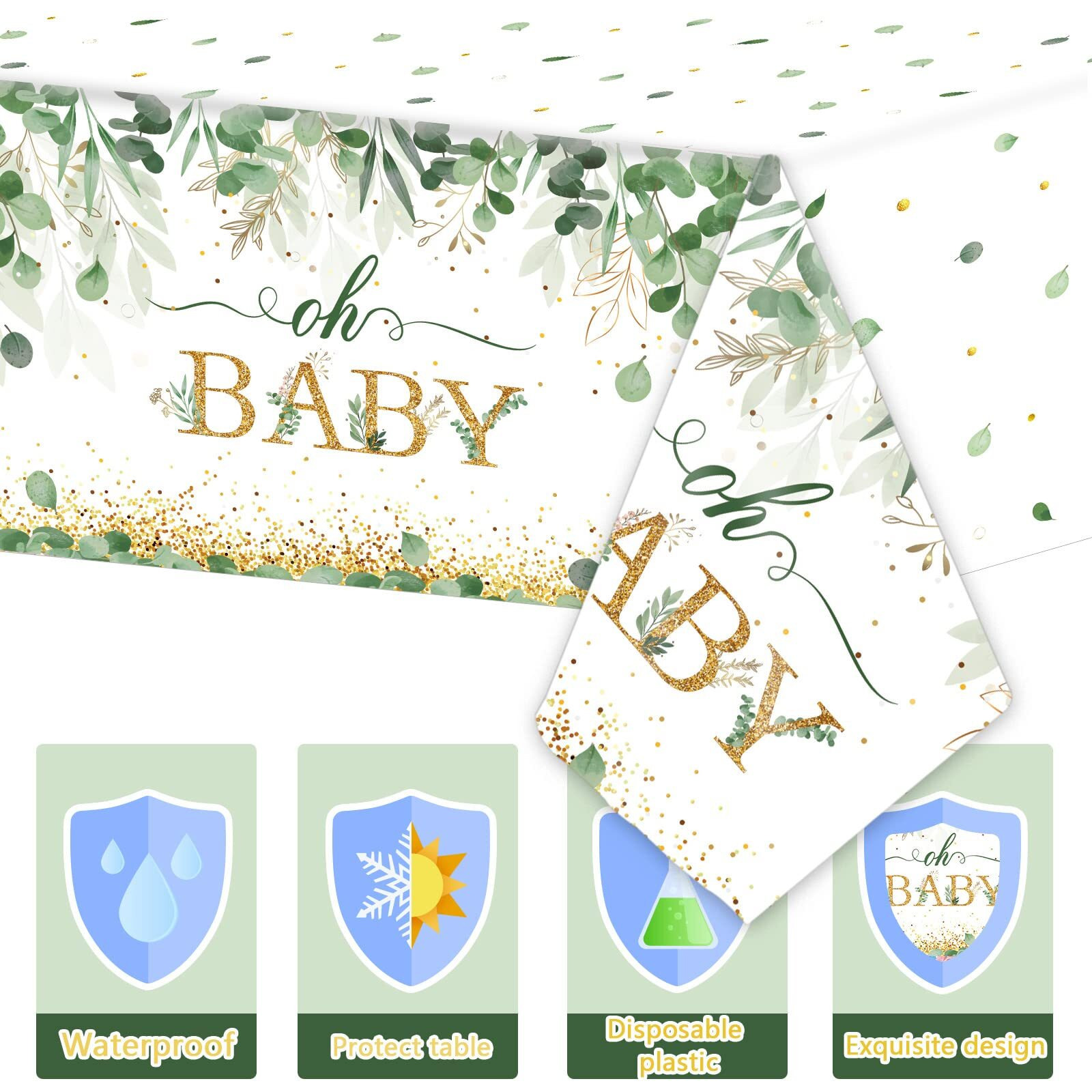 3 Pieces Sage Greenery Oh Baby Tablecloths For Baby Shower Party Decorations Plastic Disposable Gold Foil Eucalyptus Leaf Table Covers For Rectangle Tables Sage Boho Woodland Neutral Party Supplies