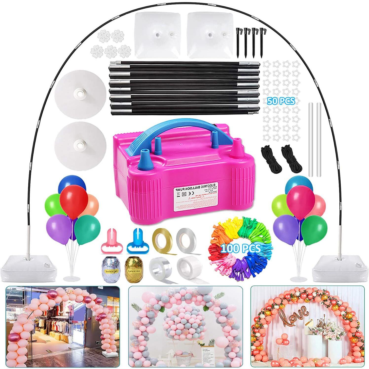 Balloon Arch Kit And Balloon Pump, 10Ft Wide Adjustable Balloon Arch Stand With Balloons Water Fillable Bases, Balloon Stand*2, Balloon*100, Balloon Pump For Wedding Birthday Party Supplies Decoration