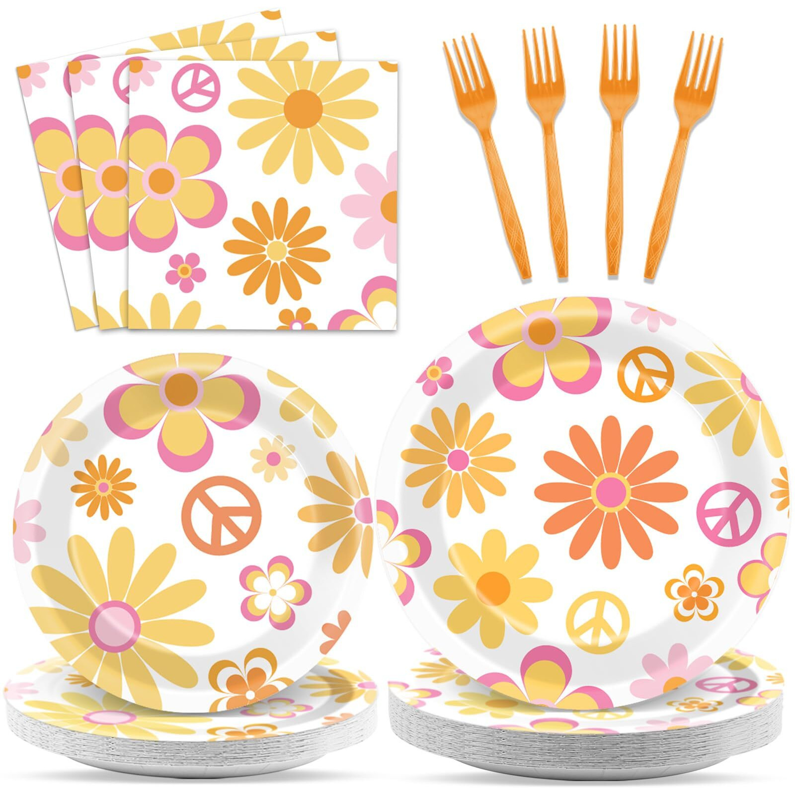 96 Pcs Groovy Party Supplies For 24 Guests Retro Hippie Boho Tableware Plates Napkins Daisy Flower Birthday Dinnerware Table Decorations Retro Hippie Daisy Party Favor For Kitchen Dinning Home Decor