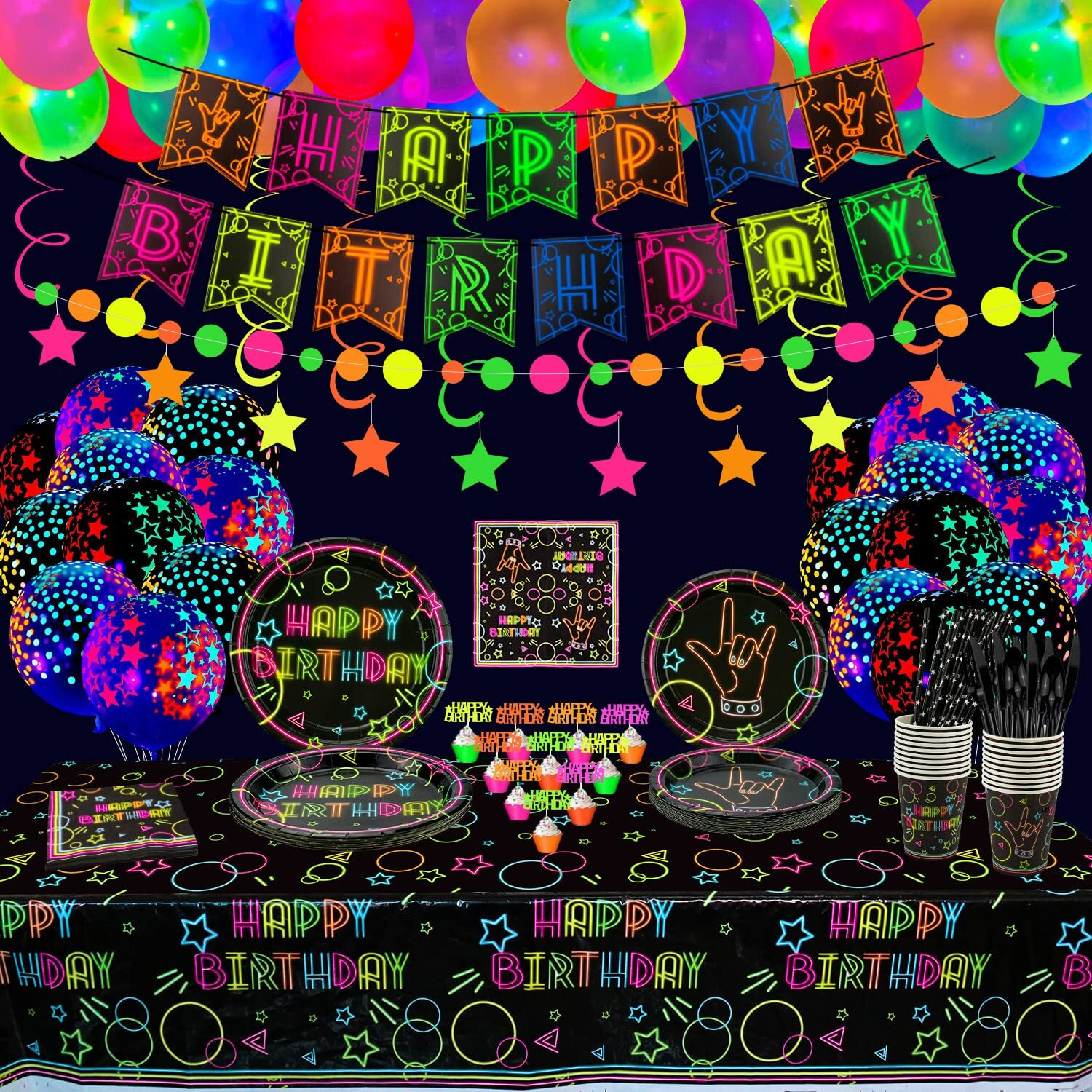 Glow Neon Party Supplies - Neon Balloon, Glow In The Dark Happy Birthday Banner, Hanging Swirls, Cake Topper, Tablecloth, Plates, Napkins, Cup For Blacklight Party Decorations, Serves 20 Guest