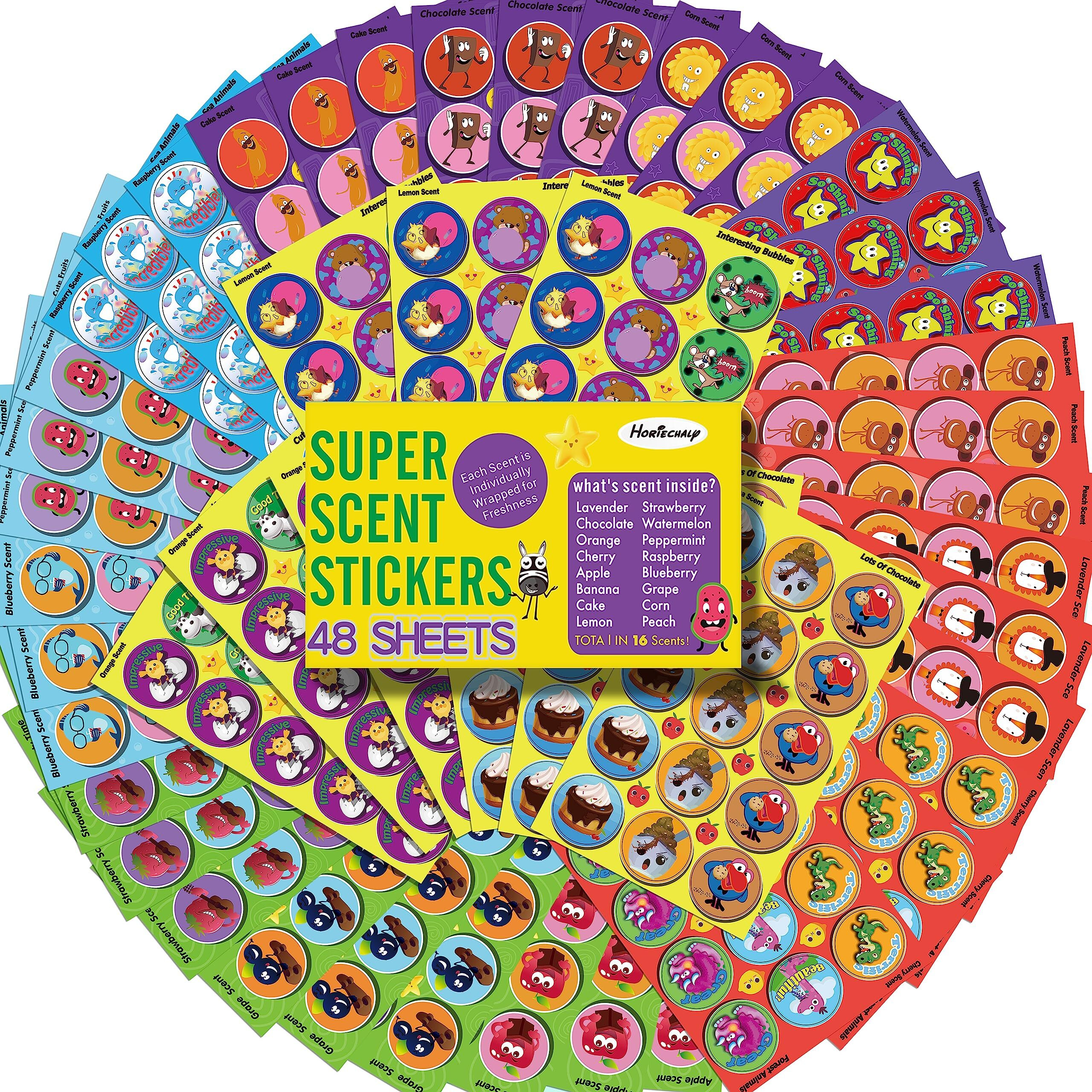Horiechaly Scratch And Sniff Stickers, 48 Sheets Scented Stickers With 16 Scents, 720+ Super Smelly Reward Stickers For Kids & Teachers, Birthday Christmas Gift, Party Favors