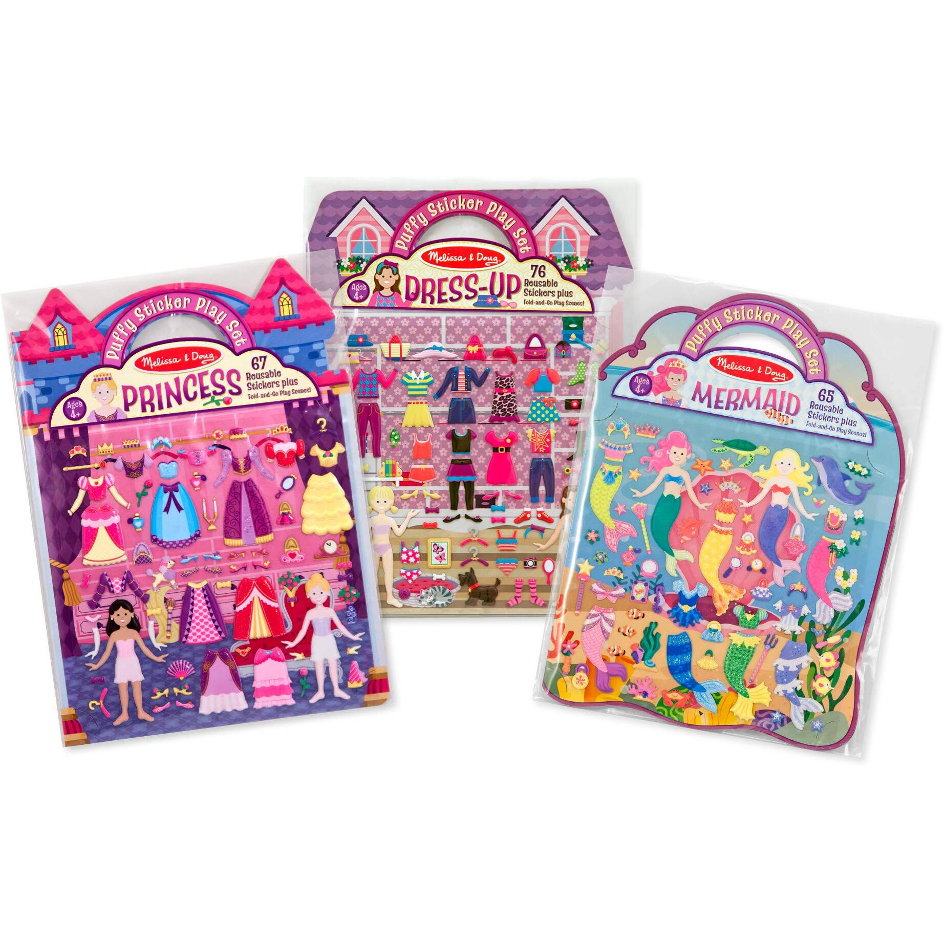Melissa & Doug Puffy Sticker Activity Books Set Dress-Up, Princess, Mermaid - 208 Reusable Stickers - Dress Up Doll Stickers, Restickable Puffy Sticker Books For Kids Ages 4+- Fsc-Certified Materials