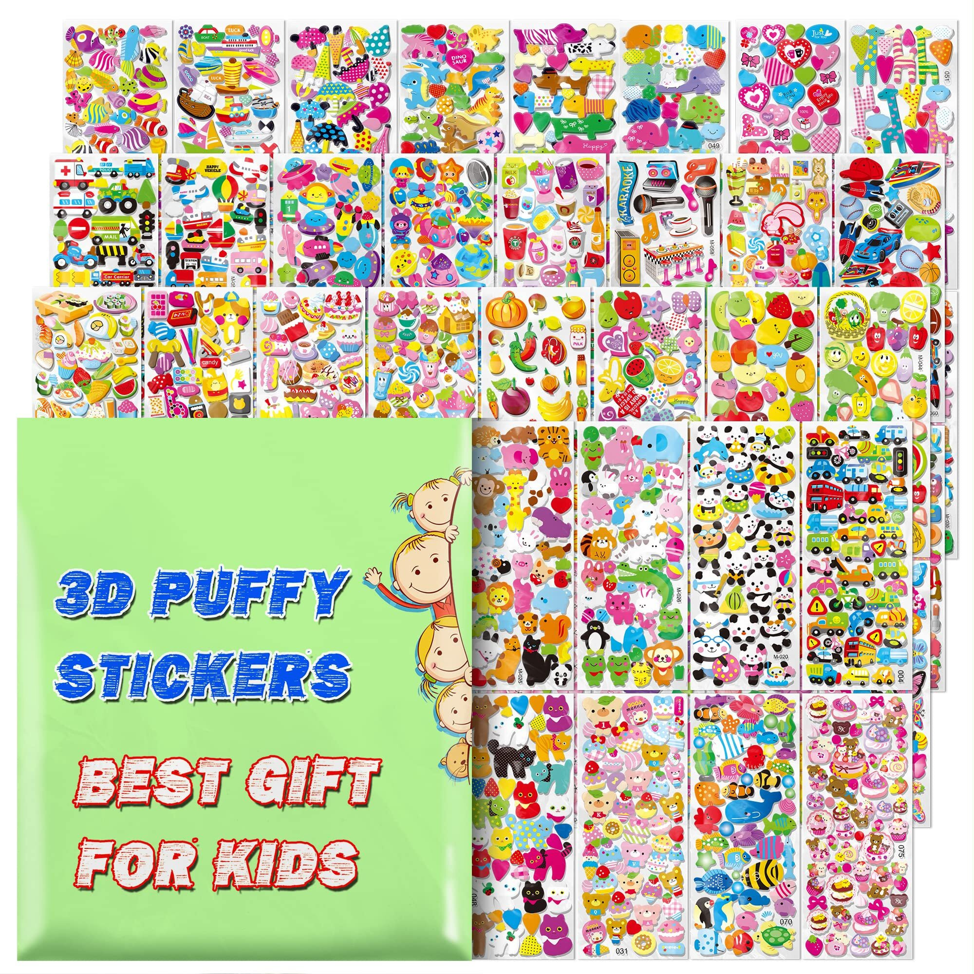 Stickers For Kids, 3D Puffy Stickers, 64 Different Sheets, 3200+ Cute Stickers, Including Animals, Cars, Airplane, Food, Letters, Flowers, Pets, Cakes And Tons More