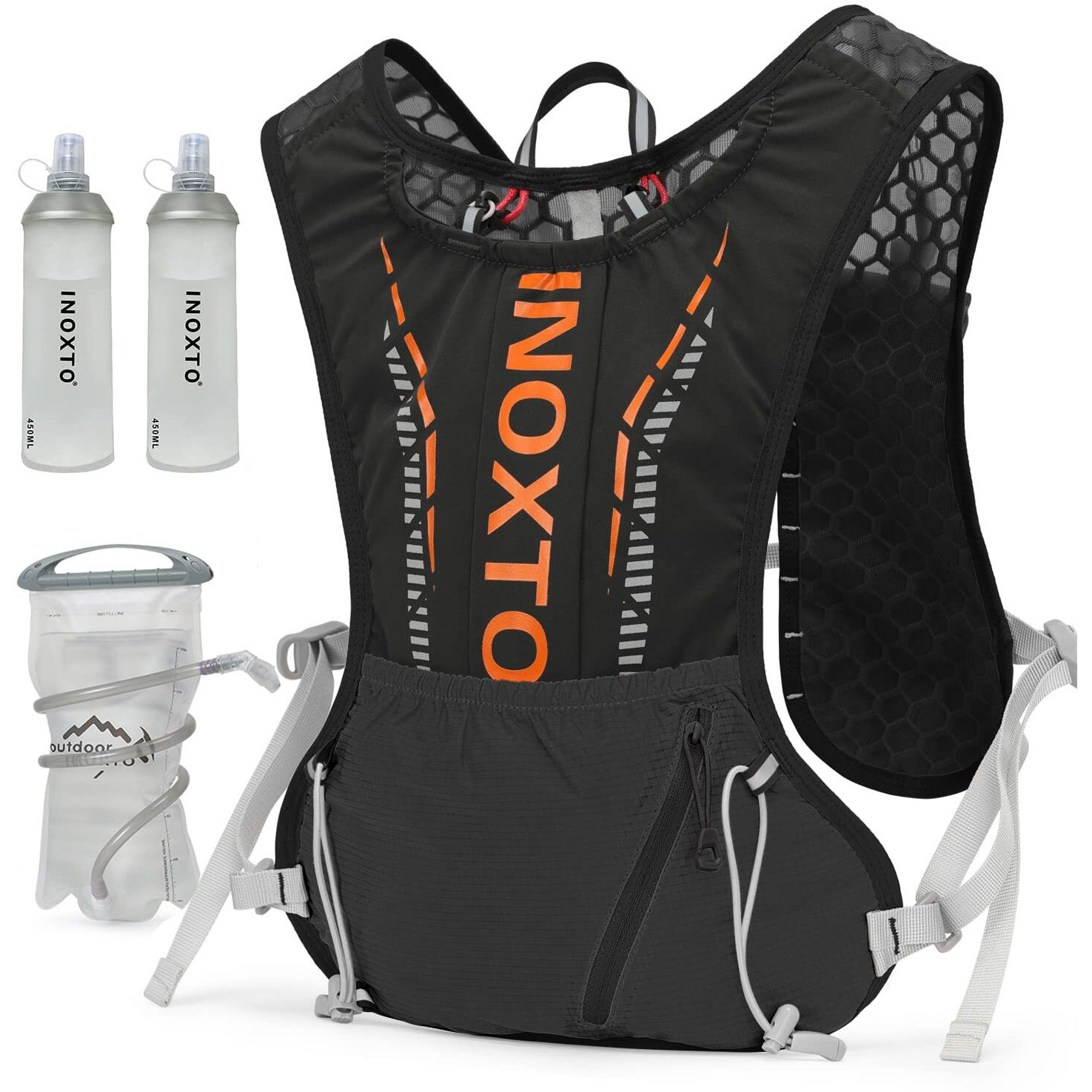 Inoxto Hydration Vest Backpack,Lightweight Insulated Pack With 1.5L Water Bladder Bag Daypack For Hiking Trail Running Cycling Race Marathon For Women Men Kids (Black Orange)