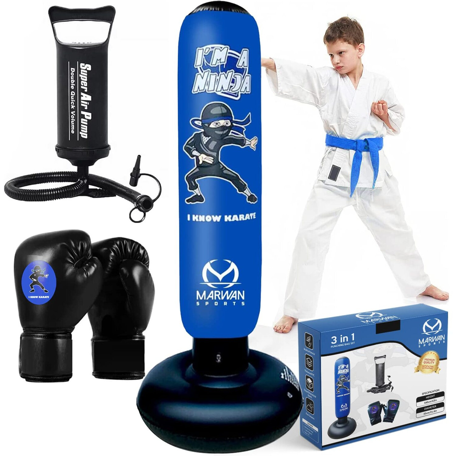 Punching Bag For Kids|3 In 1,Kids 63 Inch Freestanding Ninja Boxing Bag Set Incl Air Pump & Boxing Gloves| Boys Toys Age 6-8 | Inflatable Karate Kid Toys For Boys