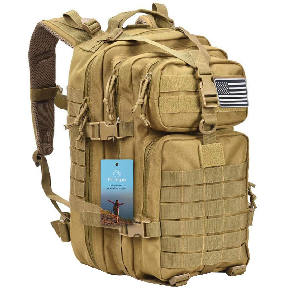 Prospo 40L Military Tactical Shoulder Backpack Assault Survival Molle Bag Pack Fishing Backpack For Tackle Storage (Khaki)