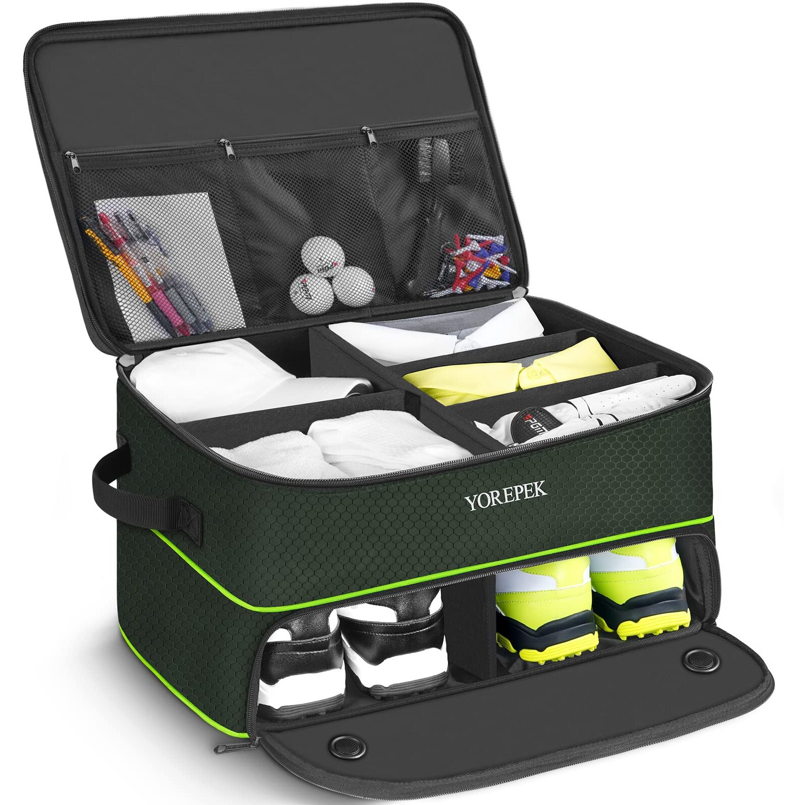 2 Layer Golf Trunk Organizer, Waterproof Car Golf Locker With Separate Ventilated Compartment For 2 Pair Shoes, Durable Golf Trunk Storage For Balls, Tees, Clothes, Gloves, Accessories, Golf Gifts