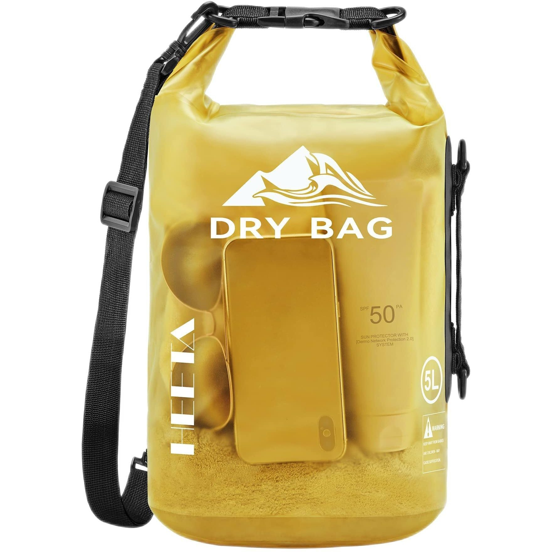 Heeta Waterproof Dry Bag For Women Men, Roll Top Lightweight Dry Storage Bag Backpack With Phone Case For Travel, Swimming, Boating, Kayaking, Camping And Beach, Transparent Yellow 5L