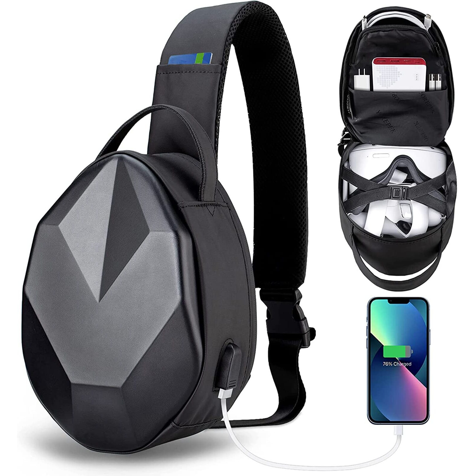 Carrying Case For Oculus Meta Quest 2, Fashion Hard Crossbody Travel Bag For Meta Quest Pro Gaming Headset And Controllers, Lightweight Vr Accessories Storage With Portable Usb Charging Port, Black