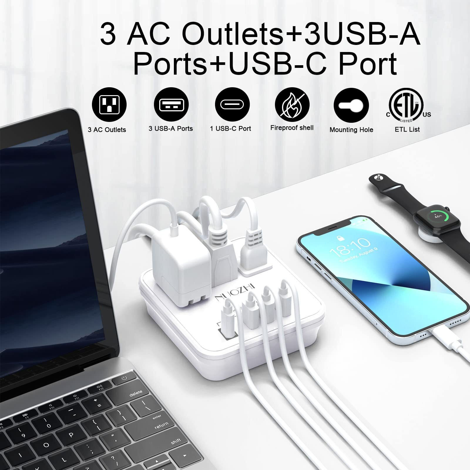 Cruise Essentials,6 Ft Power Strip With 3 Outlets And 4 Usb Ports(1 Usb C), Non Surge Protector For Cruise Ship, Travel, Home Office, Etl Listed, White