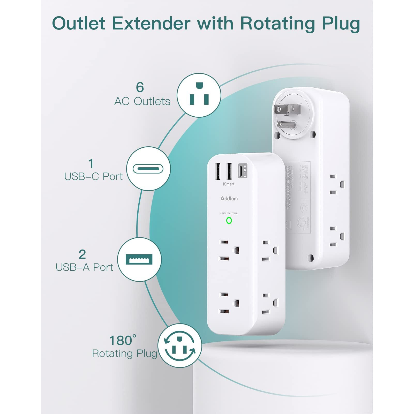Surge Protector - Outlet Extender With Rotating Plug, Multi Plug Outlets With 6 Ac 3 Usb Ports (1 Usb C), 3-Sided Power Strip With Wall Adapter Charger For Home Travel Office, Etl Listed (1800J)