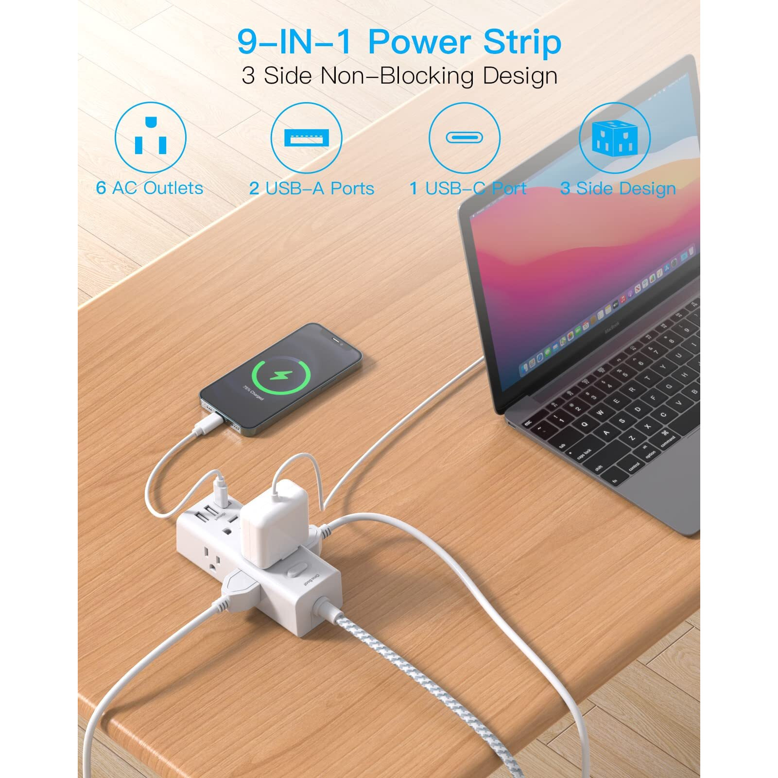 Power Strip Surge Protector - 6 Widely Outlets With 3 Usb Ports (1 Usb C), 3-Side Outlet Extender Strip With 5 Ft Extension Cord, Flat Plug, Wall Mount, Small Power Strip For Travel Office Dorm Home