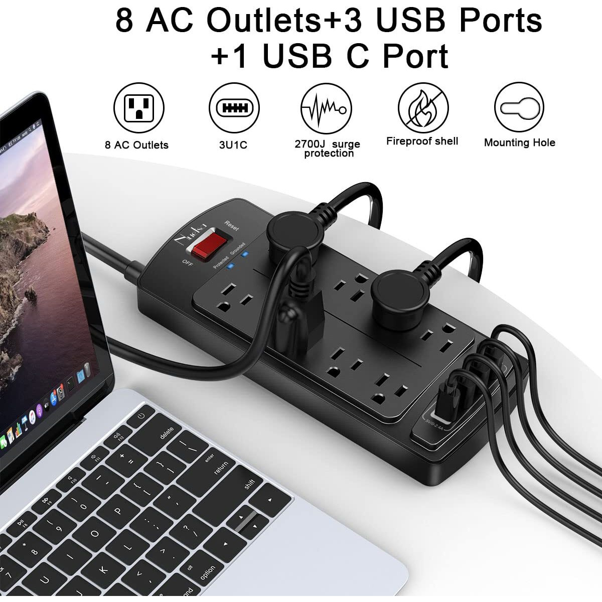 Surge Protector Power Strip - Nuetsa Flat Plug Extension Cord With 8 Outlets And 4 Usb Ports, 6 Feet Power Cord (1625W/13A), 2700 Joules, Etl Listed, Black