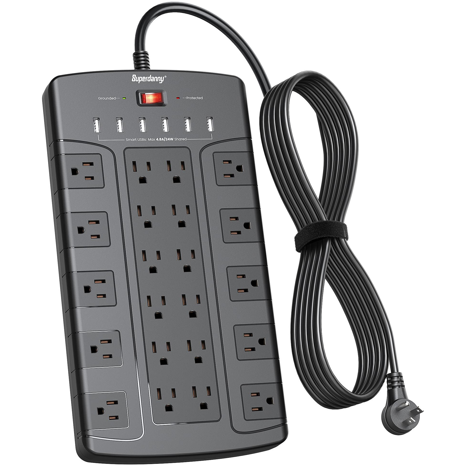 Surge Protector Power Strip With Usb, Superdanny Extension Cord With 22 Outlets & 6 Usb, 1875W/15A, 1050J Surge Protection, 6.5Ft Flat Plug Power Cord, For Home Office Dorm Workshop, Black