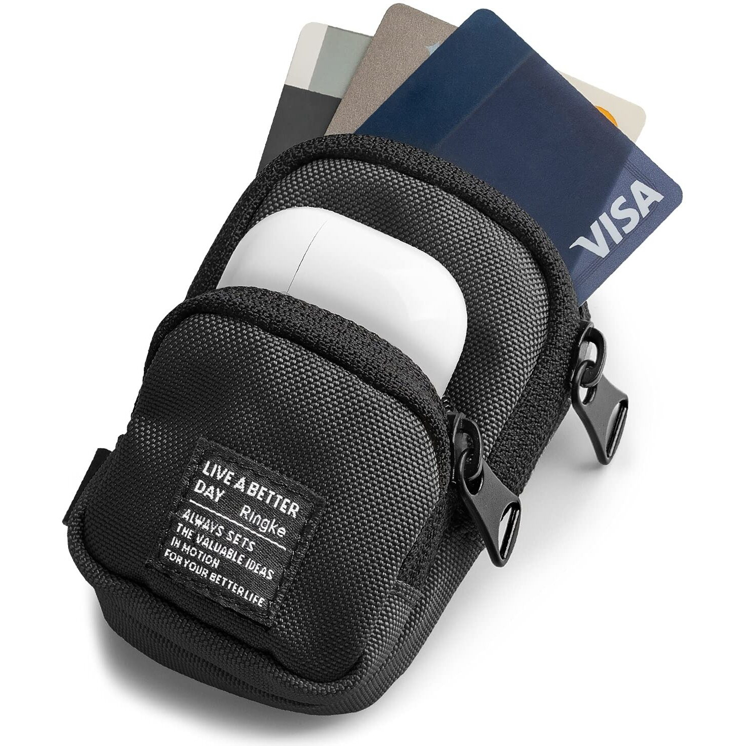 Ringke Mini Pouch [Two Pocket] Nylon Carrying Pouch Small Bag For Airpods, Galaxy Buds, Earphones, Cards, Id - Black