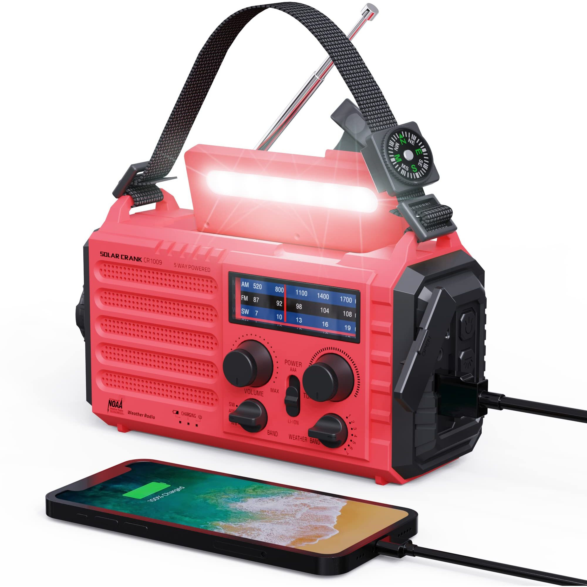 Emergency Solar Hand Crank Radio,Am/Fm/Sw Noaa Portable Weather Alert Radio With Flashlight,Reading Lamp,Phone Charger,Rechargeable Battery Powered Radio,Sos Alarms For Survival Home Outdoor Hurricane
