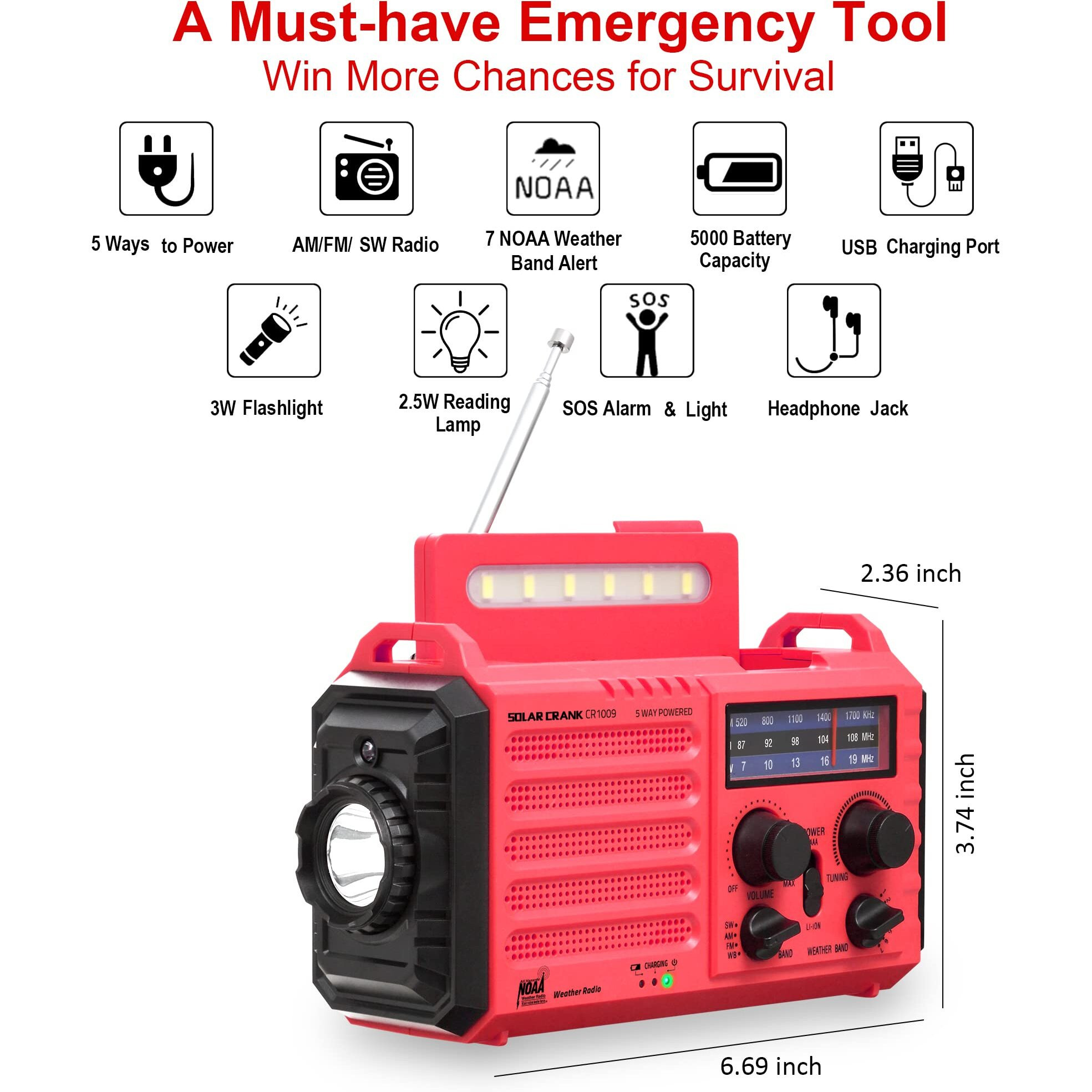 Emergency Solar Hand Crank Radio,Am/Fm/Sw Noaa Portable Weather Alert Radio With Flashlight,Reading Lamp,Phone Charger,Rechargeable Battery Powered Radio,Sos Alarms For Survival Home Outdoor Hurricane