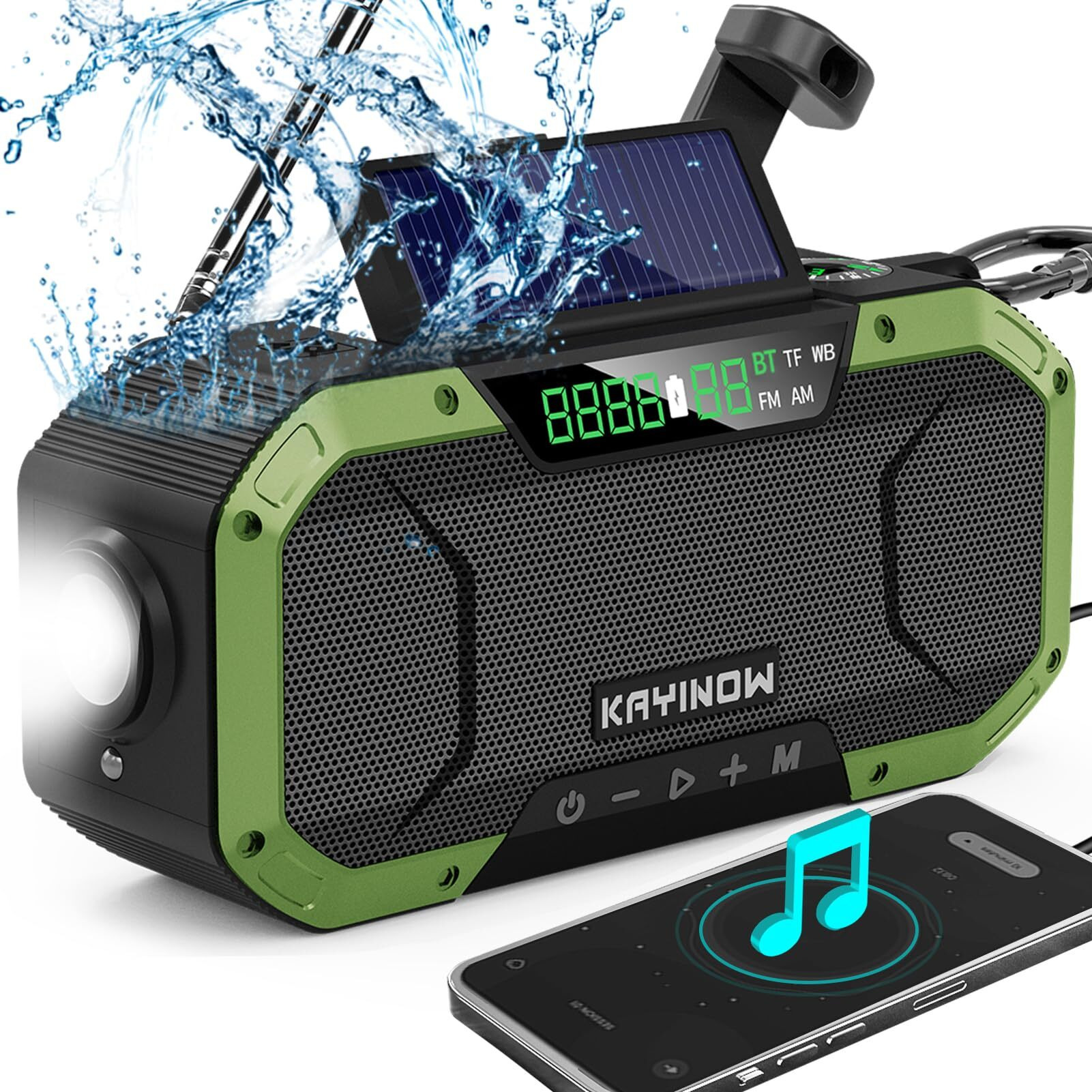 Emergency Radio Waterproof Bluetooth Speaker,Portable Am Fm Noaa Weather Radio,Hand Crank Solar Radio Powered,5000Mah Rechargeable Battery Operated,Phone Charger,Flashlight,Sos,Survival Storm Camping