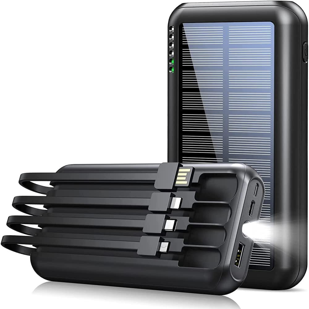 Uyayohu Power-Bank-Solar-Portable-Charger - 40000Mah Power Bank Large Capacity Built In 3 Output And 1 Input Cables And Flashlight 5V3.1A Fast Charger Compatible With All Smart Phones And Devices