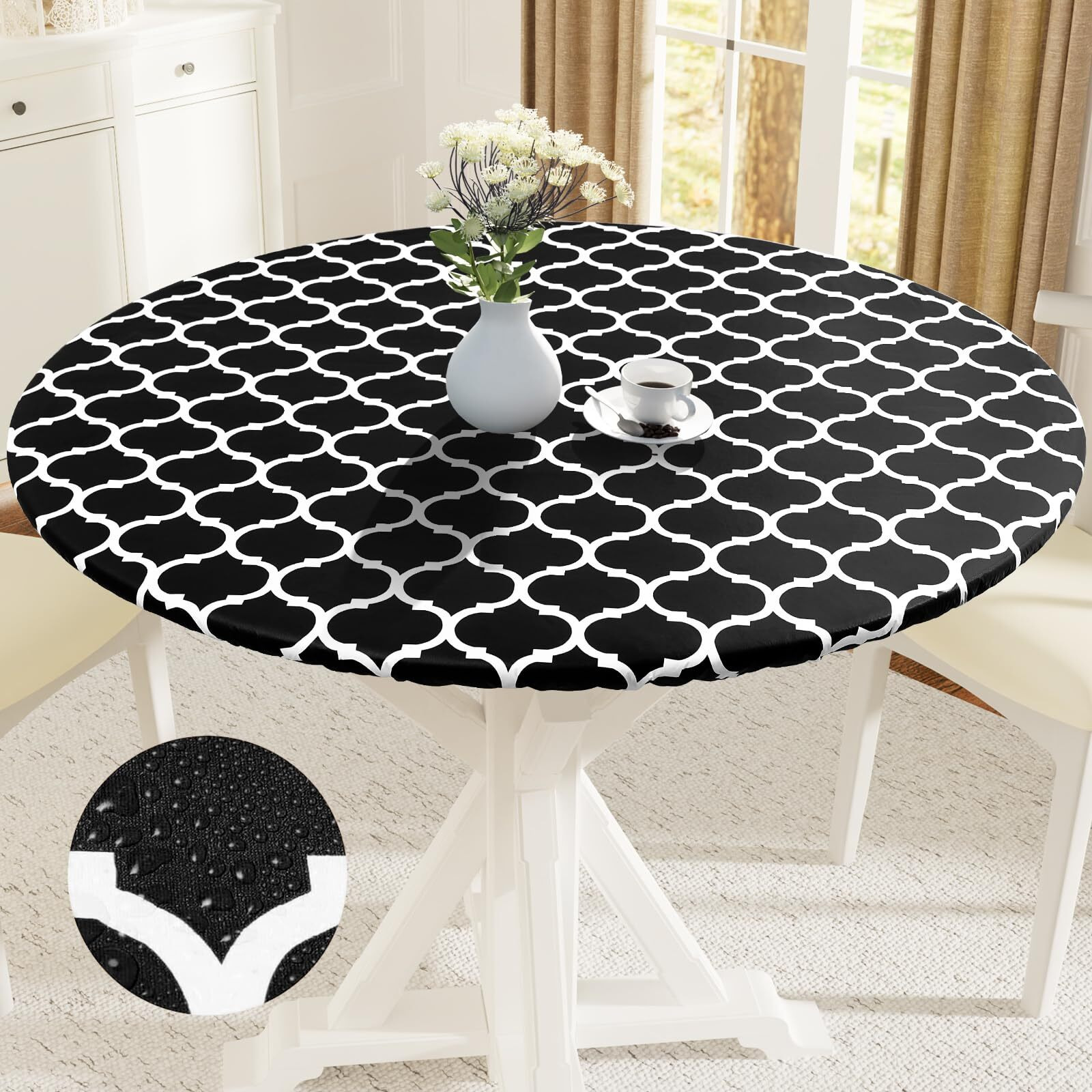 Smiry Round Picnic Tablecloth, Waterproof Elastic Fitted Table Covers For 57"" - 68"" Tables, Wipeable Flannel Backed Vinyl Tablecloths For Camping, Indoor, Outdoor, Black Morocco