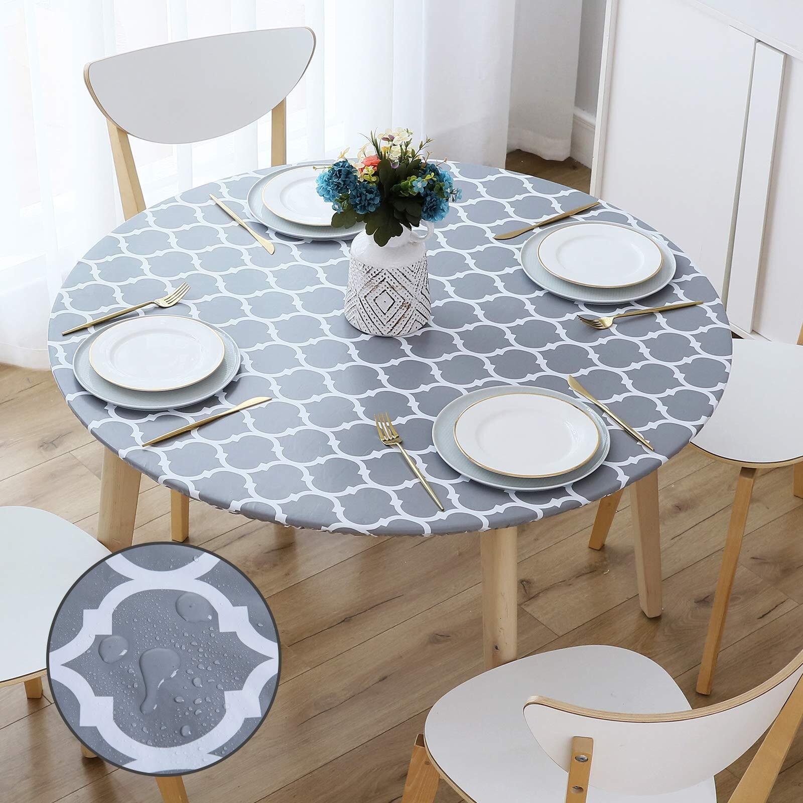 Smiry Round Picnic Tablecloth, Waterproof Elastic Fitted Table Covers For 57"" - 68"" Tables, Wipeable Flannel Backed Vinyl Tablecloths For Camping, Indoor, Outdoor, Grey Morocco