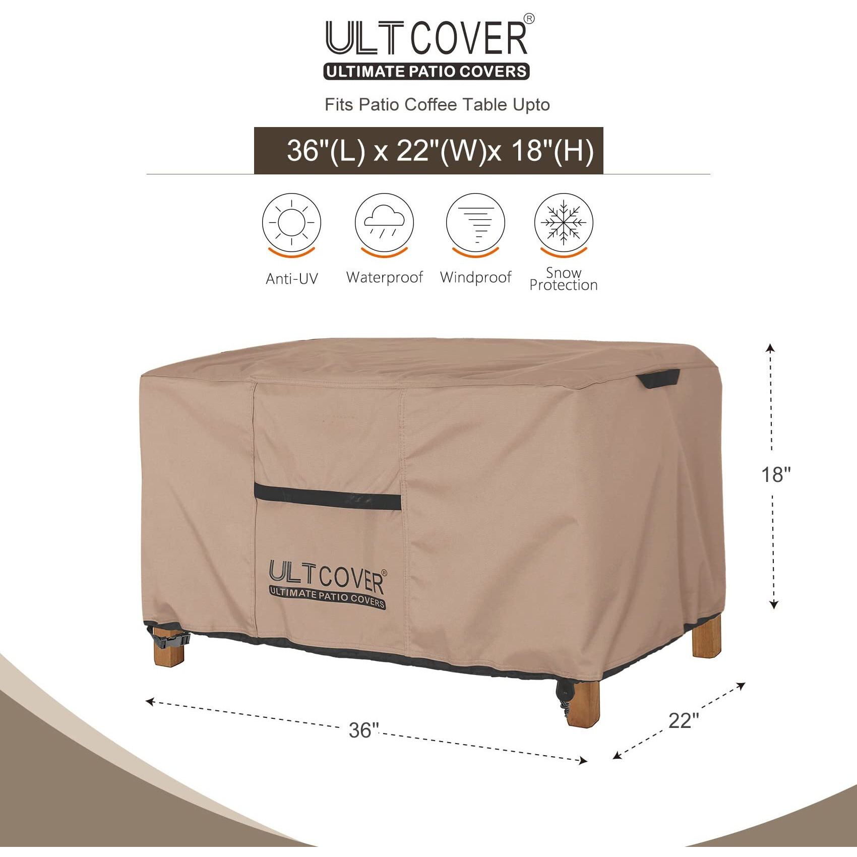 Ultcover Patio Coffee Table Cover, Waterproof Rectangular Outdoor Small Side Table Cover 36X22X18 Inch