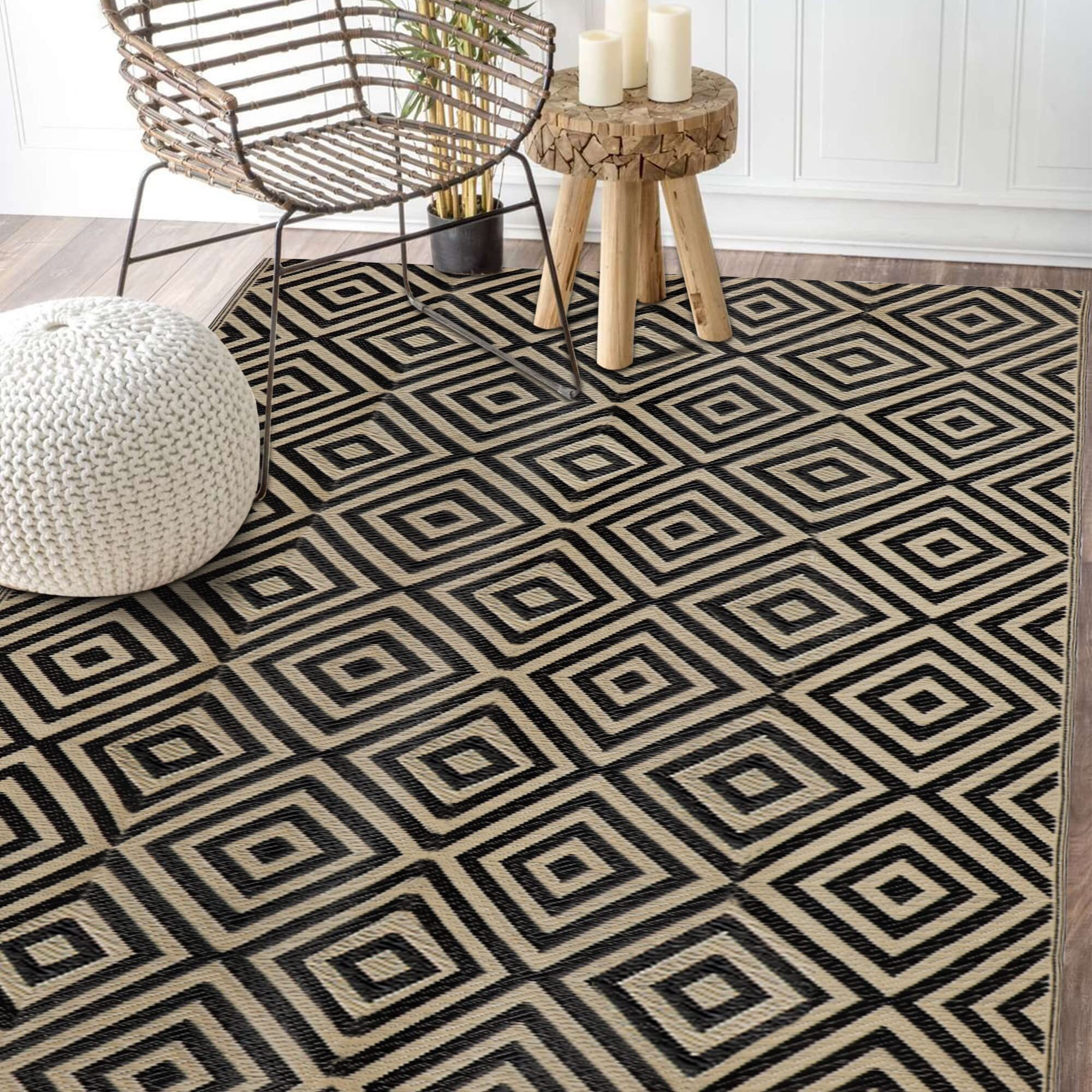 Ridota Reversible Mats, Outdoor Patio Rugs, Plastic Straw Rug, Modern Area Rug, Floor Mat For Outdoors, Rv, Patio, Backyard, Deck, Picnic, Beach, Trailer, Camping (Diamond Black & Beige, 5' X 8')