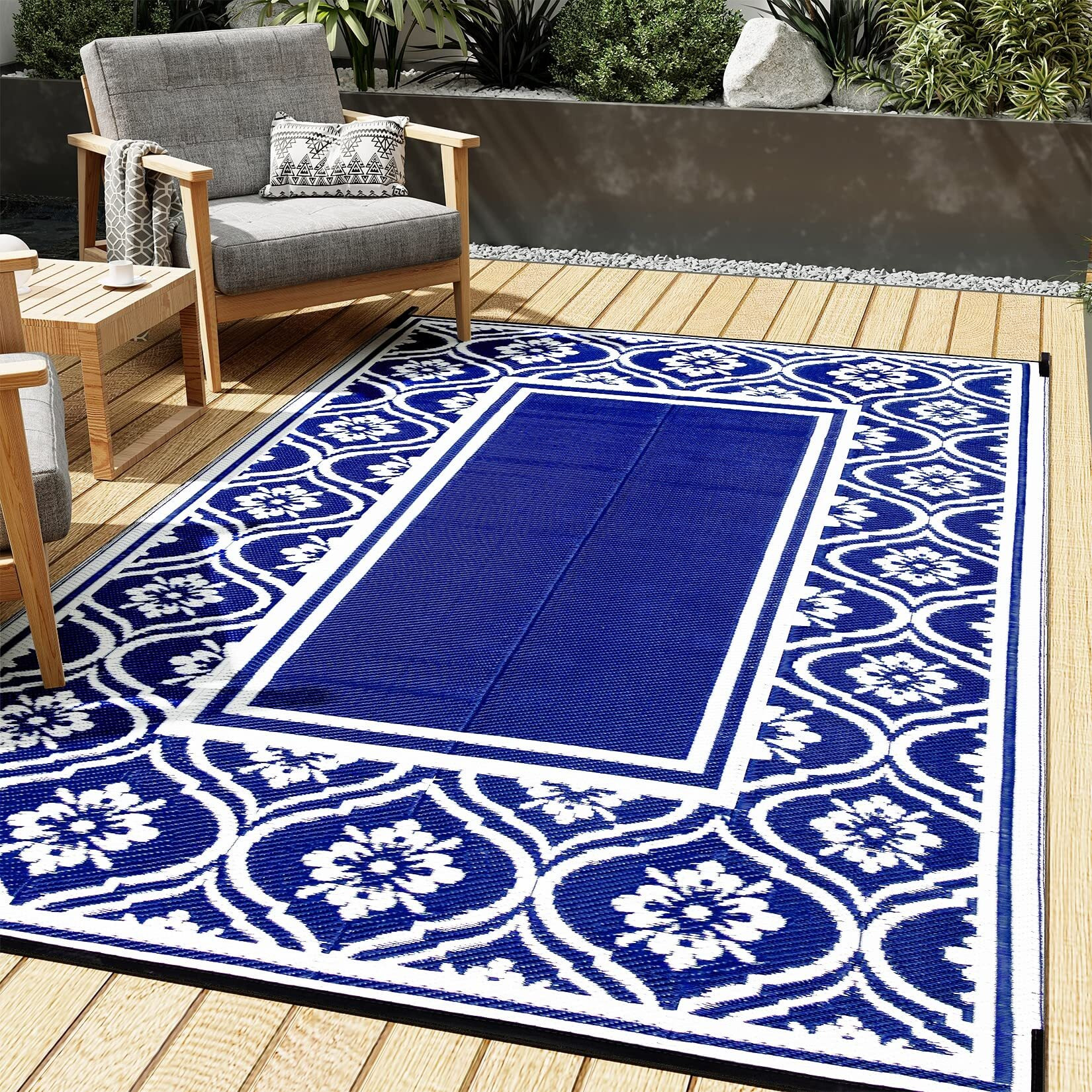 Hugear Outdoor Plastic Straw Rug, Waterproof Outdoor Rugs For Patios Clearance, Reversible Area Rug, Large Outside Carpet For Camping, Balcony, Rv, Deck, Picnic, Beach (5X8Ft Lantern/Blue&White)