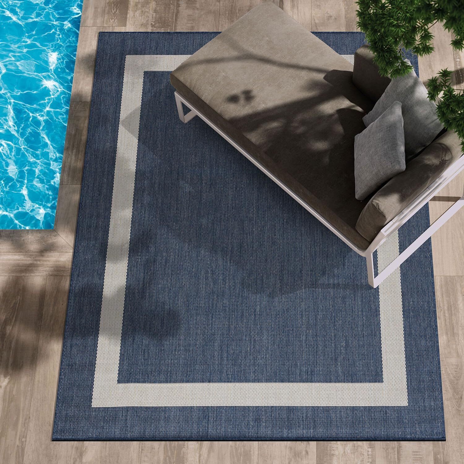 Camilson Outdoor Rug - Modern Area Rugs For Indoor And Outdoor Patios, Kitchen And Hallway Mats - Washable Outside Carpet (5X7, Bordered - Blue)