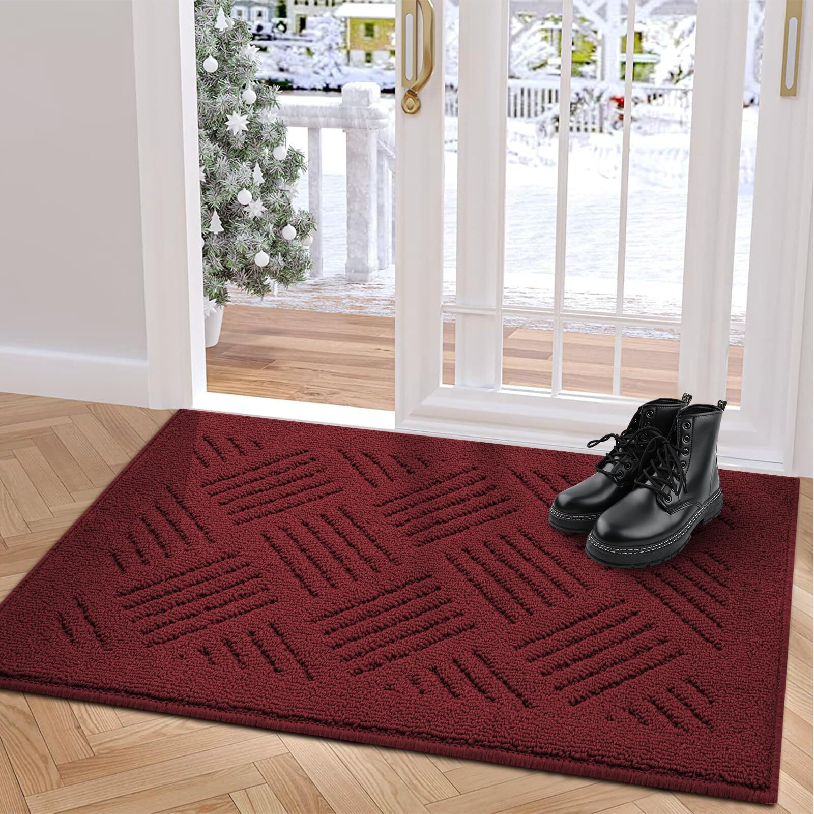 Jeedovia Door Mat Indoor Doormat,Front Back Door Mats Non Slip Entrance Rugs Rubber Backing,Christmas Inside Doormats For Entryway Low-Profile Absorbent Resist Dirt Floor Mats Red,24 "&quotX36 ""
