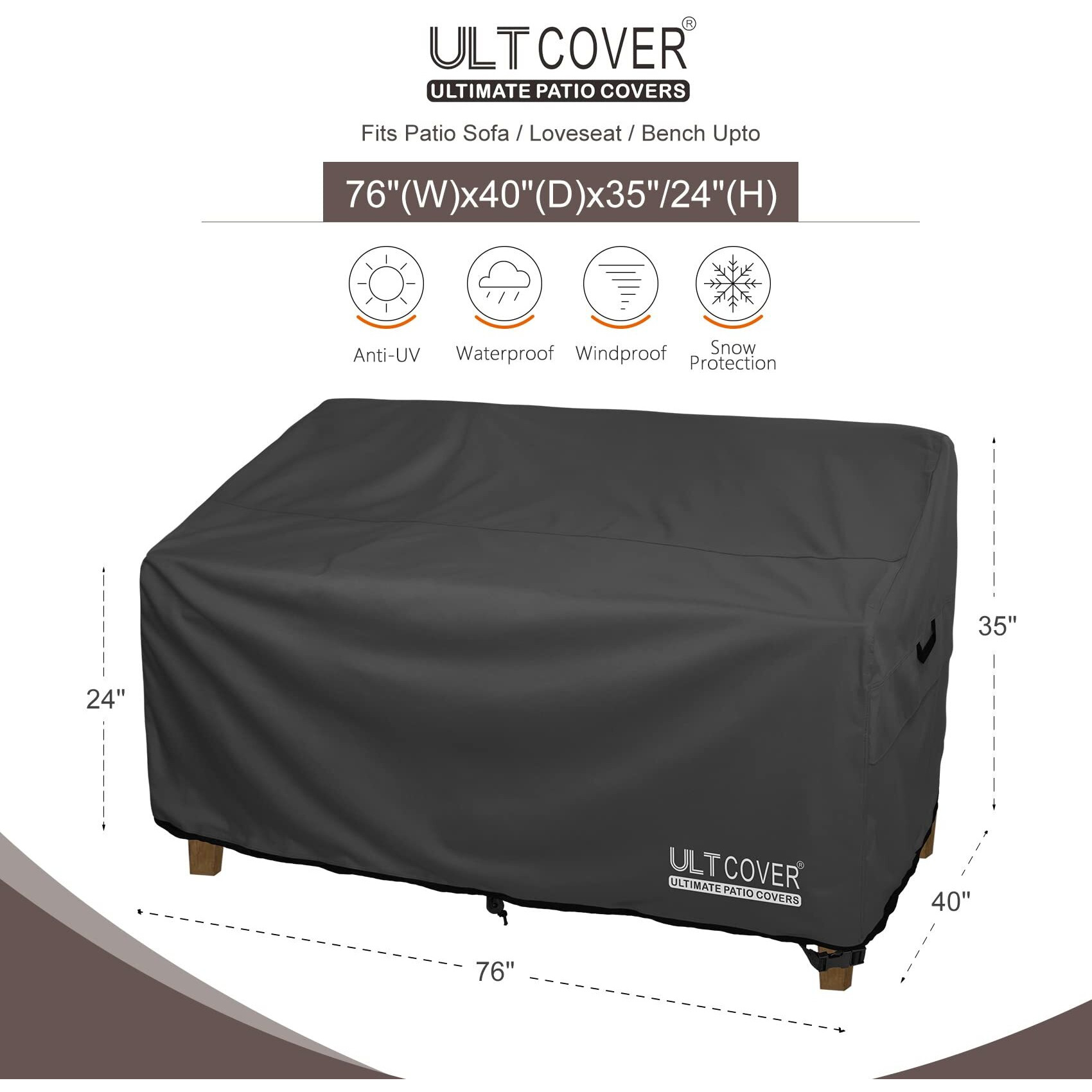 Ultcover Waterproof Outdoor Deep Seat Sofa Bench Cover 76W X 40D X 35H Inch Patio Furniture Couch Cover, Black