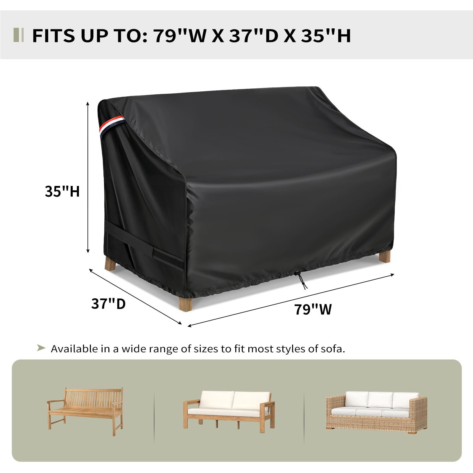 Kylinlucky Patio Furniture Sofa Covers 79W X 37D X 35H Inches,3-Seater Outdoor Waterproof Couch Loveseat Bench Cover Black