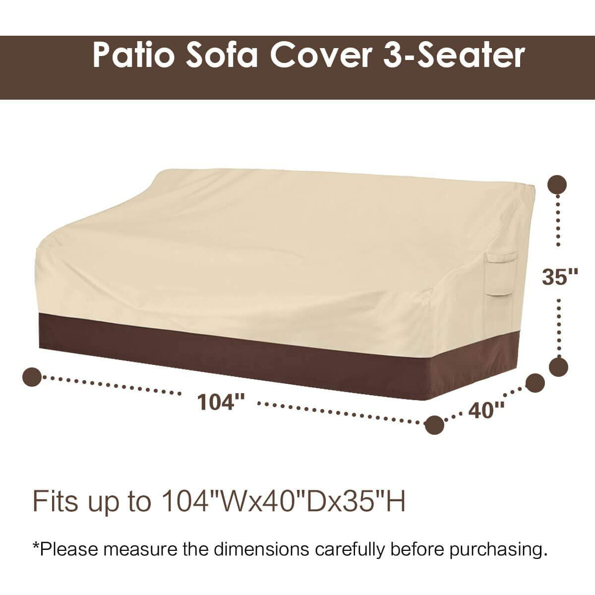 Vailge Heavy Duty Patio Sofa Cover, 100% Waterproof 3-Seater Outdoor Sofa Cover,Lawn Patio Furniture Covers With Air Vent And Handle,Beige&Brown