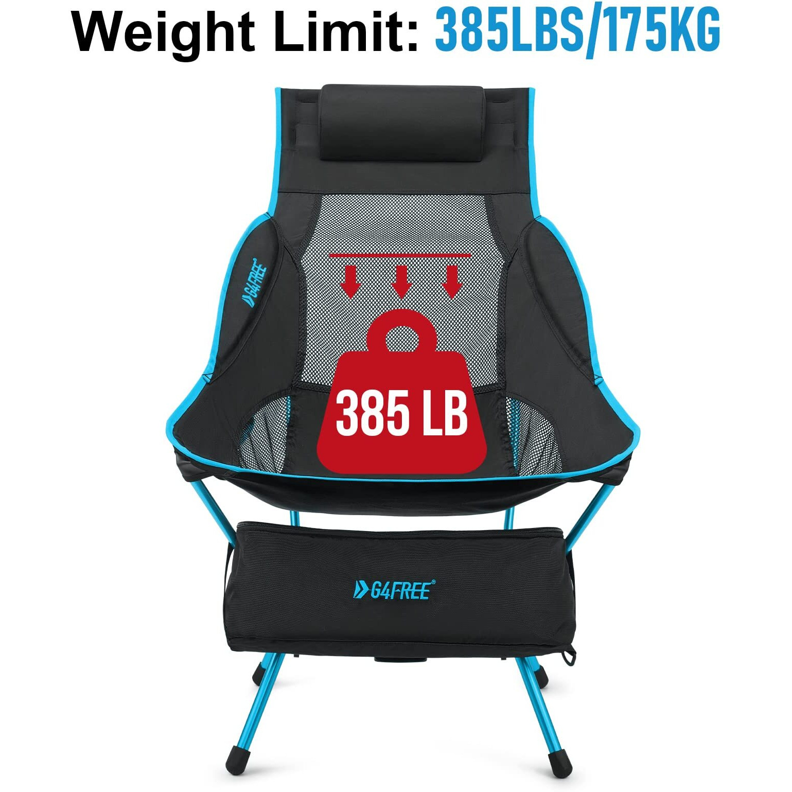 G4Free Folding Camp Chair High Back Lightweight Camping Chair With Removable Pillow, Side Pocket & Carry Bag, Compact & Heavy Duty 385Lbs For Outdoor Hiking Backpacking Beach Picnic Travel Blue
