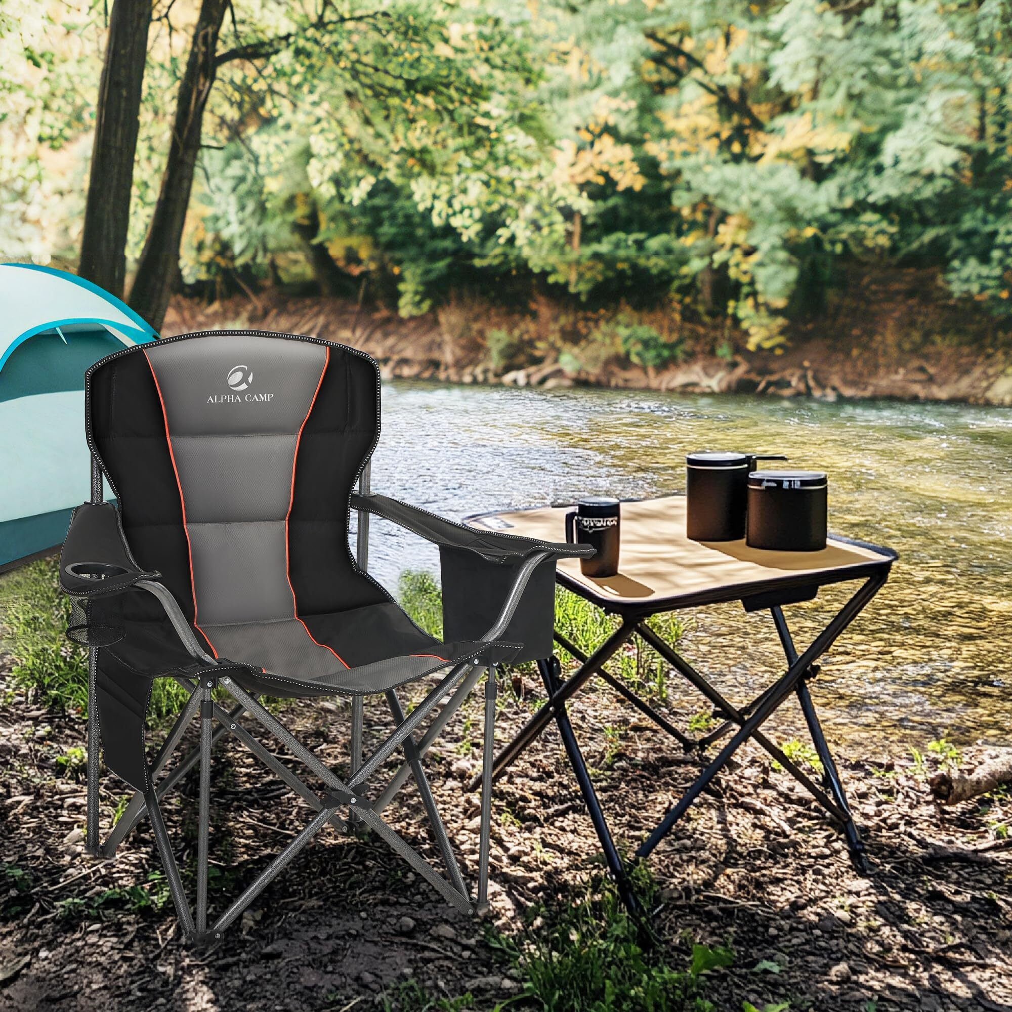 Let 's Camp Folding Camping Chair Oversized Heavy Duty Padded Outdoor Chair With Cup Holder Storage And Cooler Bag, 450 Lbs Weight Capacity, Thicken 600D Oxford