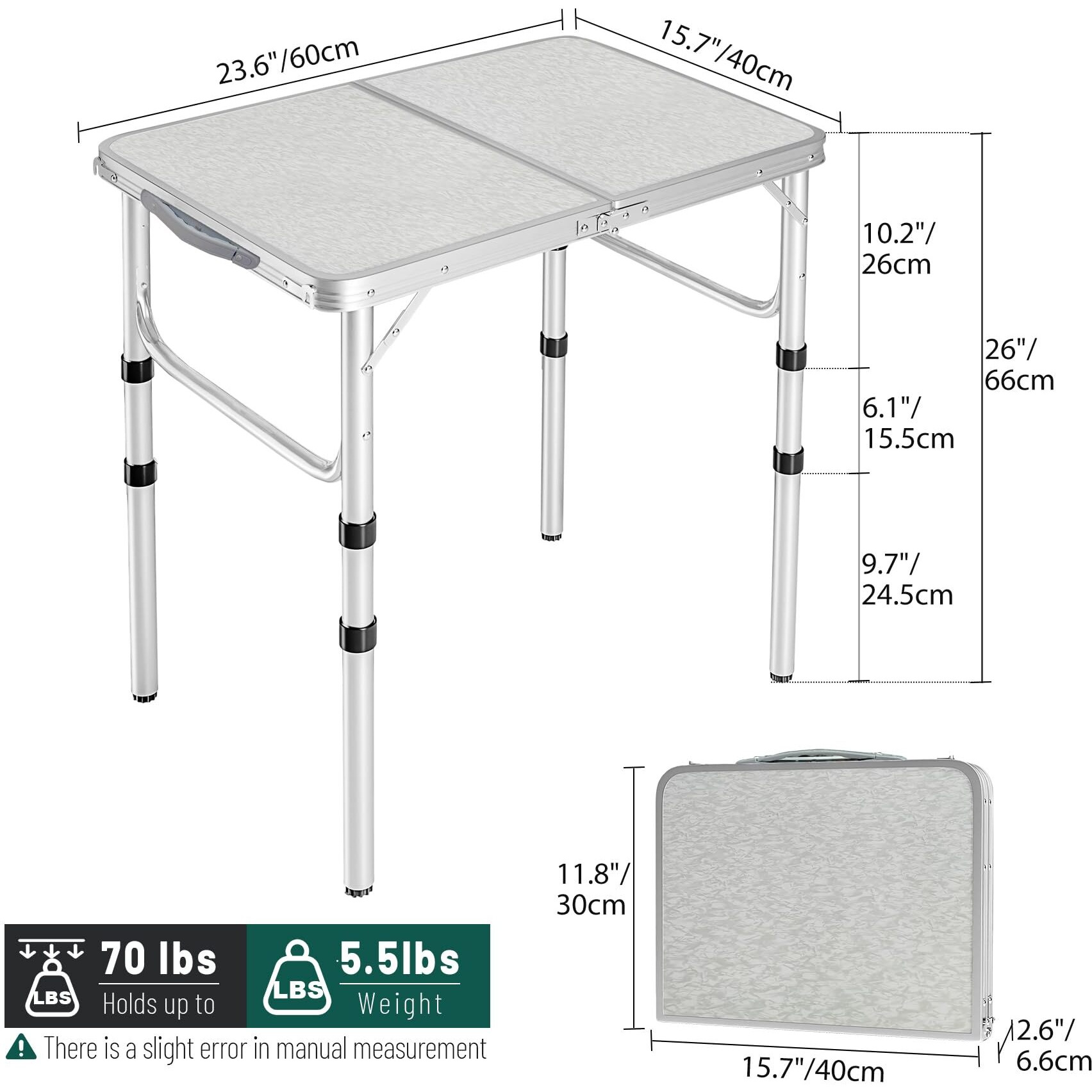 Redswing Small Folding Table 2 Feet, Small Foldable Table Adjustable Height, Lightweight Portable Aluminum Camping Table, 3 Heights, 23In X 15 In X 10 In