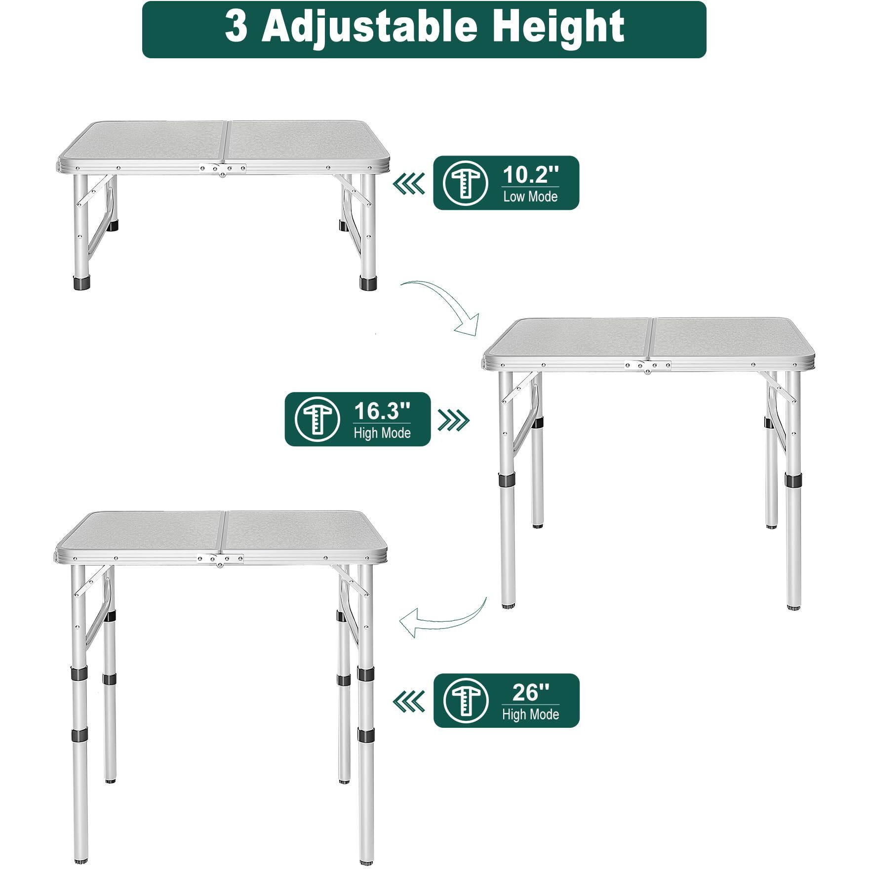 Redswing Small Folding Table 2 Feet, Small Foldable Table Adjustable Height, Lightweight Portable Aluminum Camping Table, 3 Heights, 23In X 15 In X 10 In