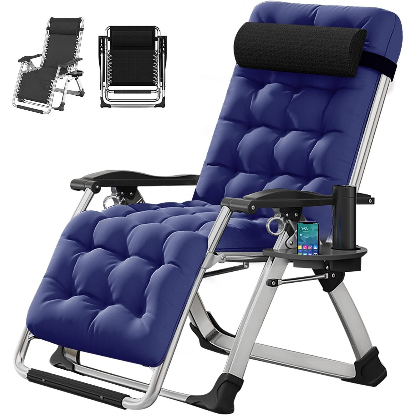 Zero Gravity Chair, Lawn Recliner, Reclining Patio Lounger Chair, Folding Portable Chaise With Detachable Soft Cushion, Cup Holder, Headrest