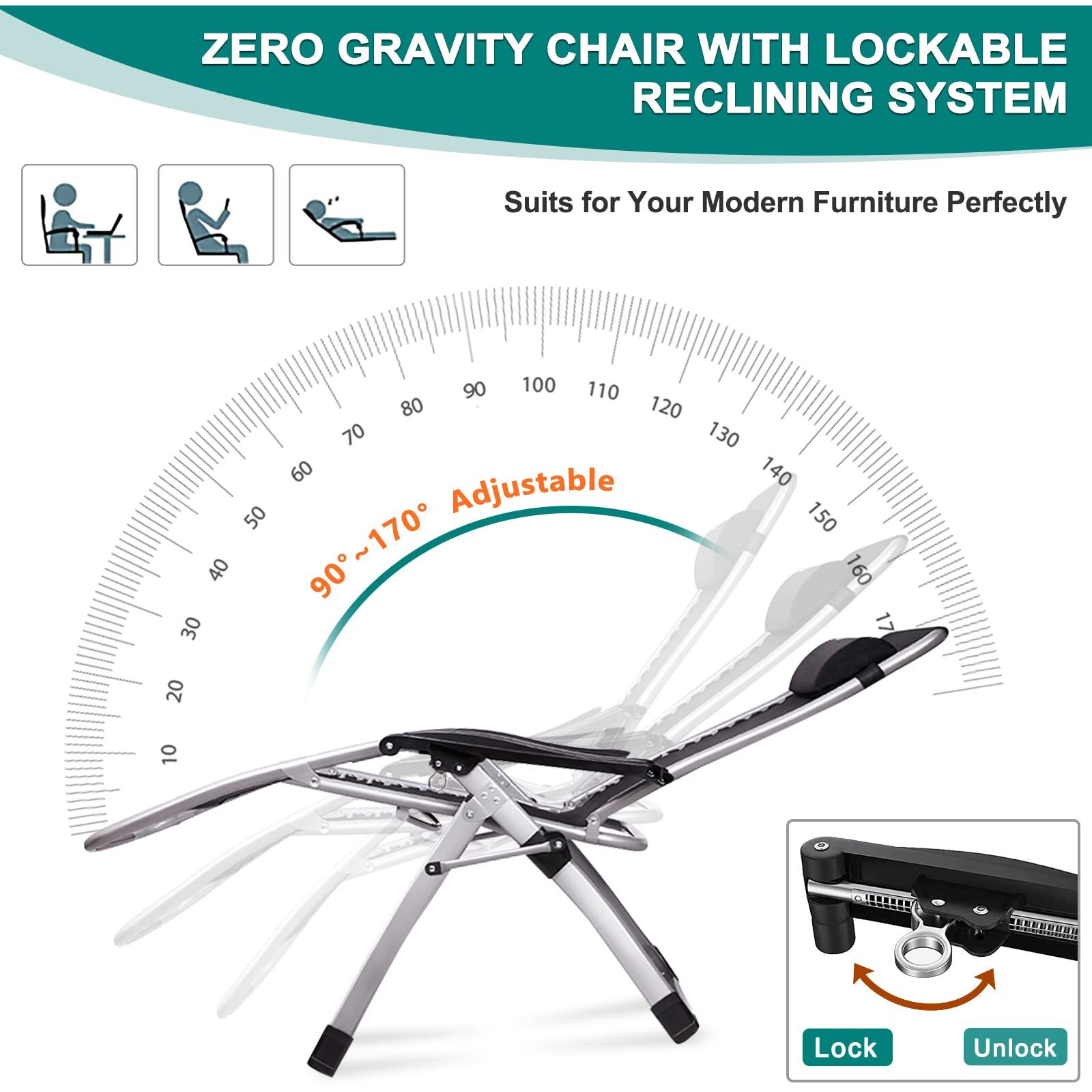 Zero Gravity Chair, Lawn Recliner, Reclining Patio Lounger Chair, Folding Portable Chaise With Detachable Soft Cushion, Cup Holder, Headrest