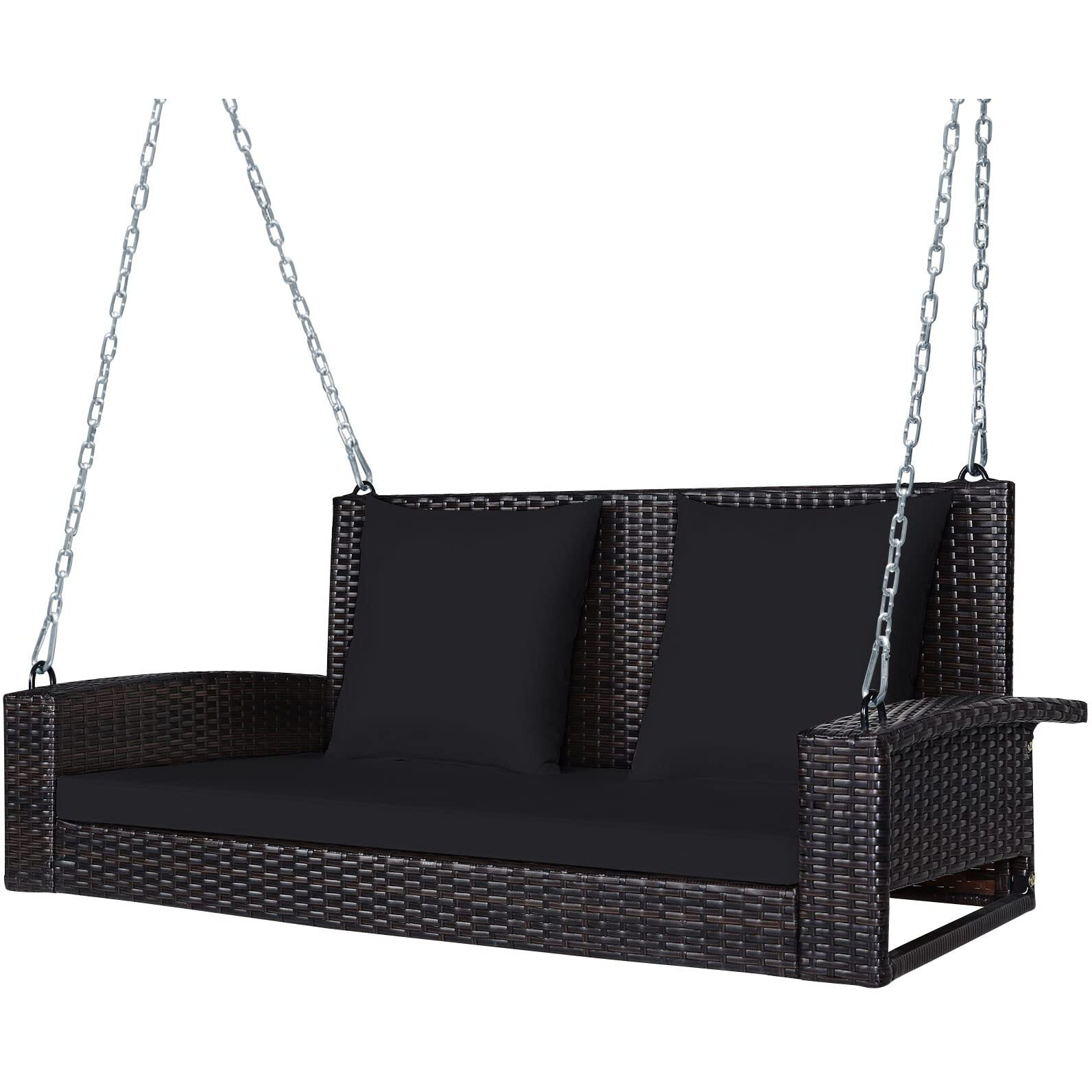 Tangkula 2-Person Wicker Porch Swing, Patiojoy Outdoor Rattan Hanging Swing Bench W/ 2 Back Cushions & 1 Seat Cushion, Sturdy Steel Chain, 800Lbs Weight Capacity