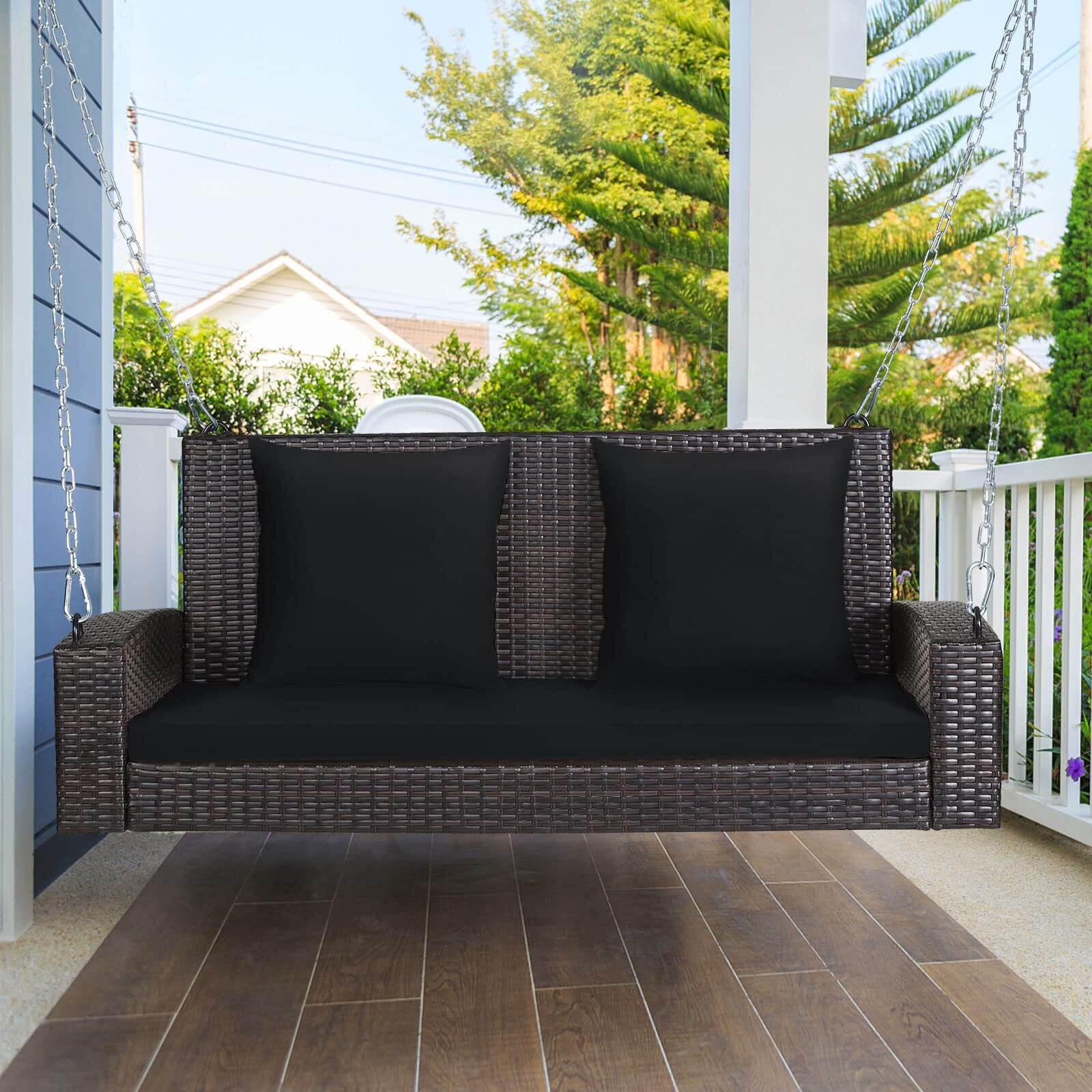 Tangkula 2-Person Wicker Porch Swing, Patiojoy Outdoor Rattan Hanging Swing Bench W/ 2 Back Cushions & 1 Seat Cushion, Sturdy Steel Chain, 800Lbs Weight Capacity