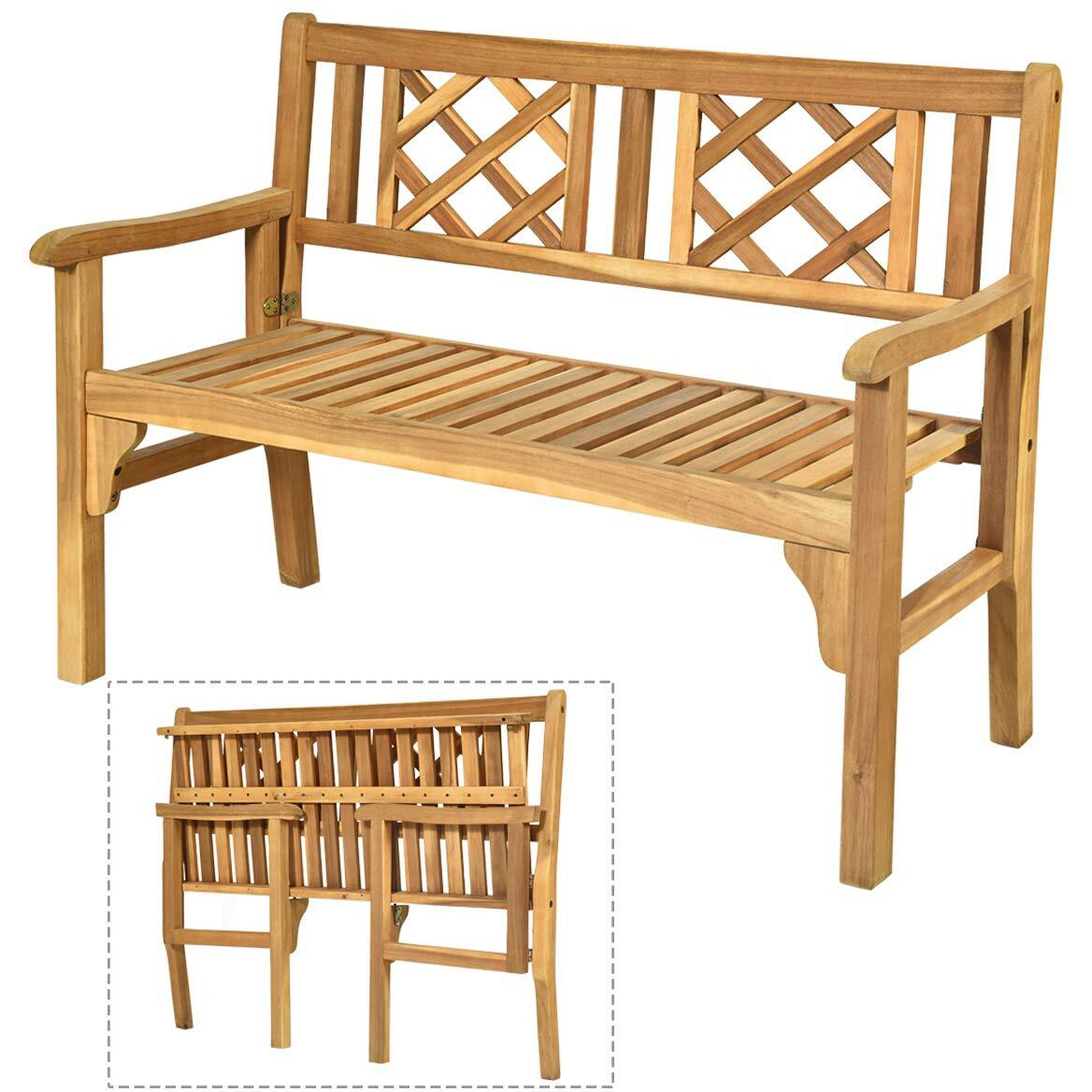 Giantex Outdoor Bench, Patio Wooden Bench, 4 Ft Foldable Acacia Wood Garden Bench, Outside Loveseat With Curved Backrest And Armrest, 705Lbs Weight Capacity, Park Bench For Outdoors, Porch, Balcony