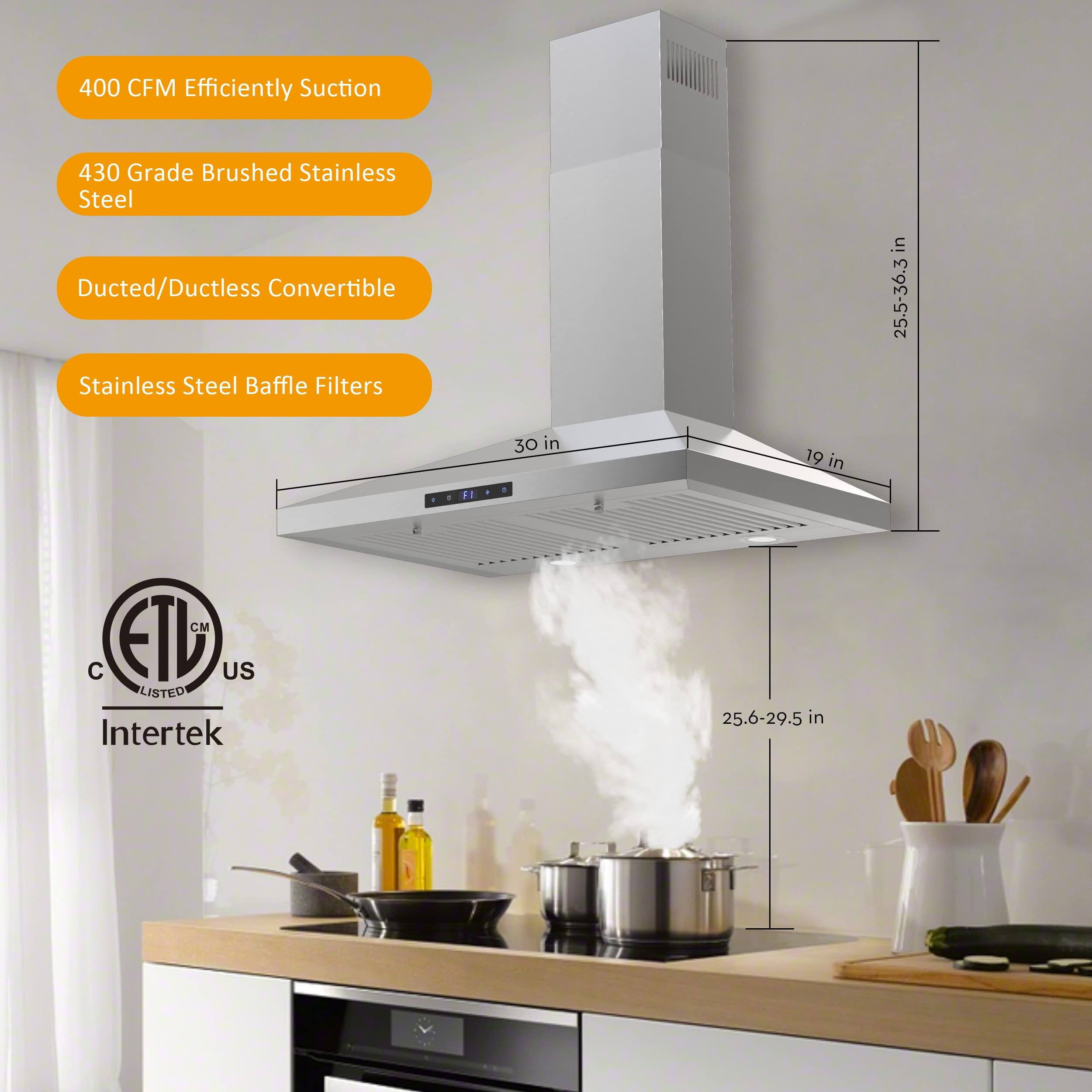 Firegas Range Hood 30 Inch,Wall Mount Range Hood In Stainless Steel With Ducted/Ductless Convertible,Stove Vent Hood With Permanent Filters,3 Speed Exhaust Fan,Led Lights,Touch Control