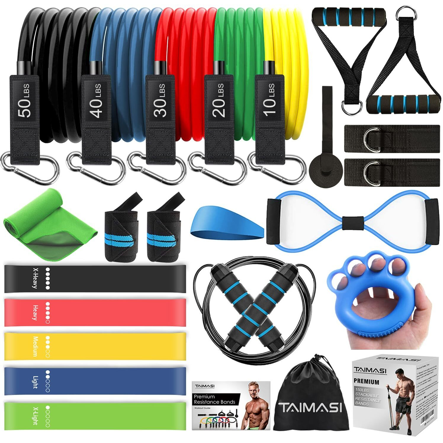 23Pcs Resistance Bands Set Workout Bands, 5 Stackable Exercise Bands With Handles, 5 Resistance Loop Bands, Jump Rope, Figure 8, Headband, Cooling Towel