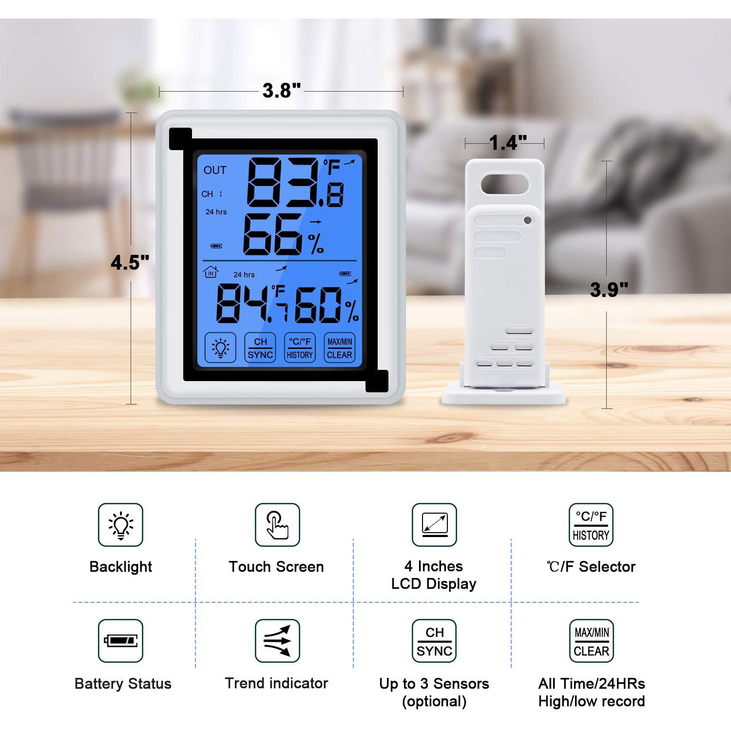 Hygrometer Humidity Gauge Meter - Wireless Indoor Outdoor Thermometer With 1 Remote Sensor - Room Thermometer For Home, Temperature And Humidity Monitor For Greenhouse Nursery Garden, 200Ft/60M Range