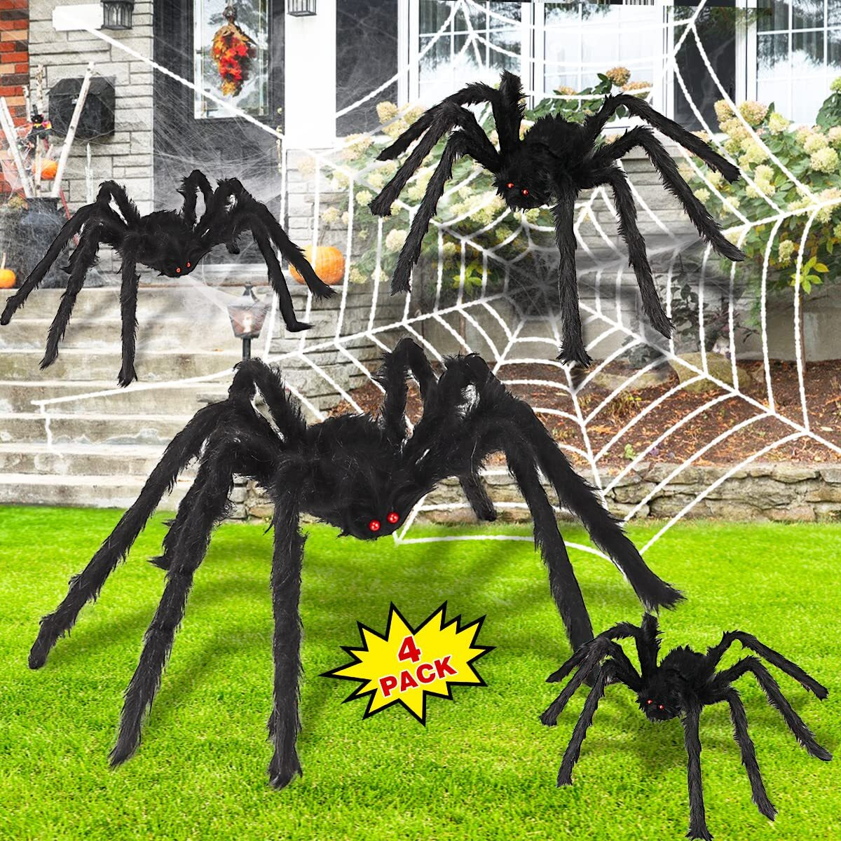 Halloween Spider Decorations, Aitey Halloween Scary Giant Spider Set With 4 Large Fake Spider, Spider Web, 20 Small Plastic Spiders, Cobwebs For Window Wall And Yard Outdoor Halloween Decor