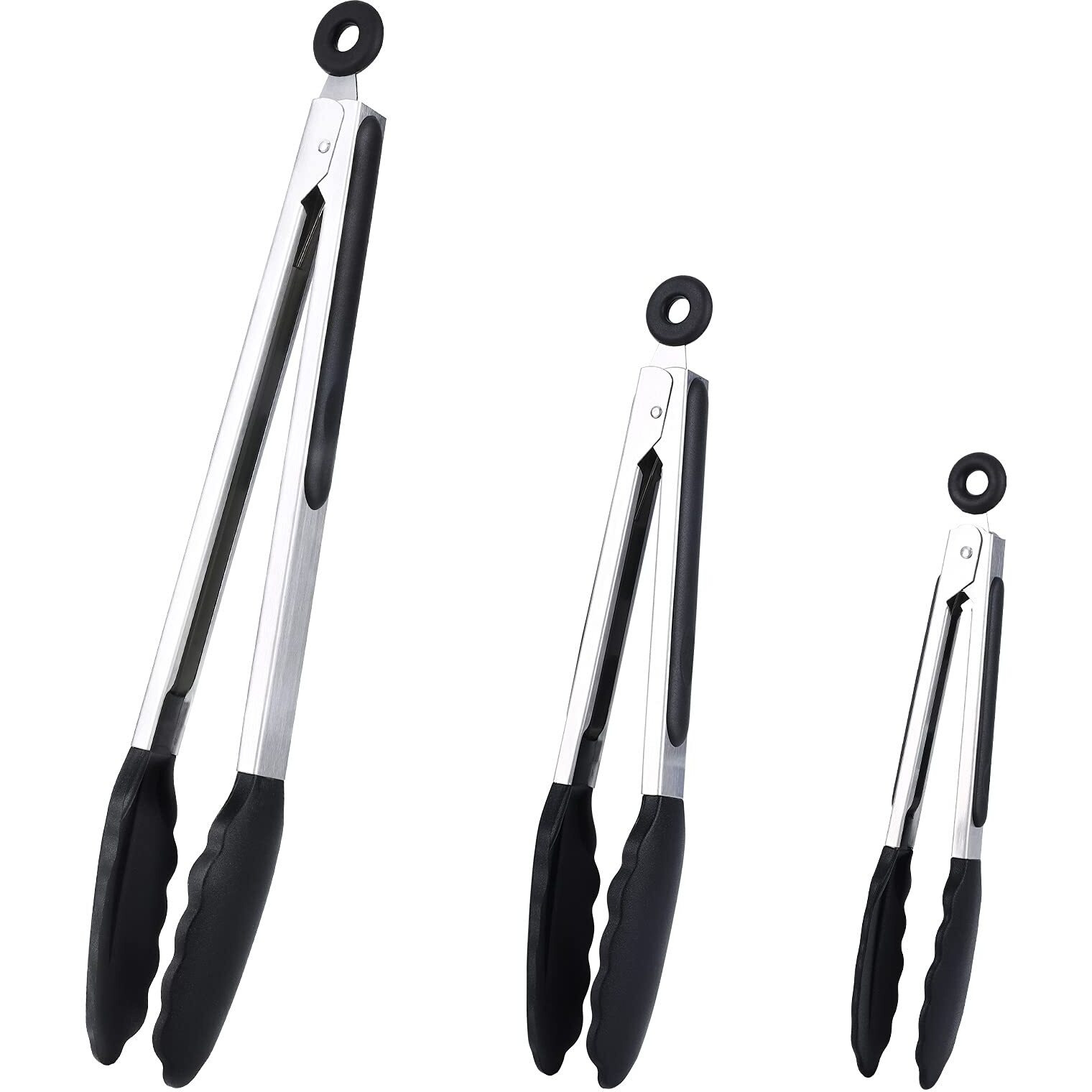Kitchen Tongs Set Of 3, Black Cooking Tongs With Silicone Tips, Stainless Steel Serving Tongs, Non-Stick Non-Scratch Heat Resistant Tongs For Grilling Cooking Bbq Buffet Salad (Black, 7/9/12 Inch)