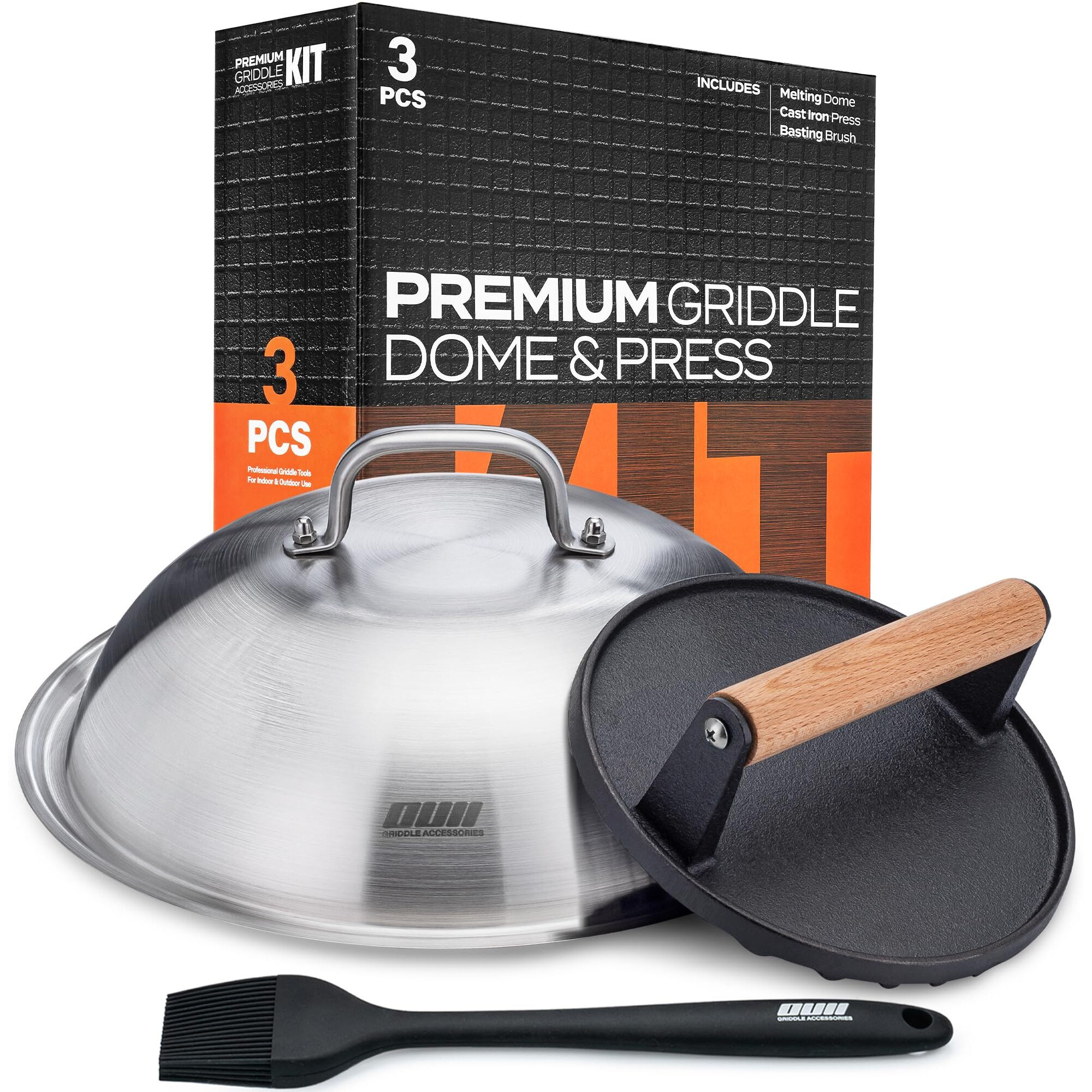 Ouii Flat Top Griddle Accessories Set For Blackstone And Camp Chef Griddle - Round Cast Iron Burger Bacon Press With 12 Inch Heavy Duty Round Basting Cover Melting Dome Lid & Basting Brush