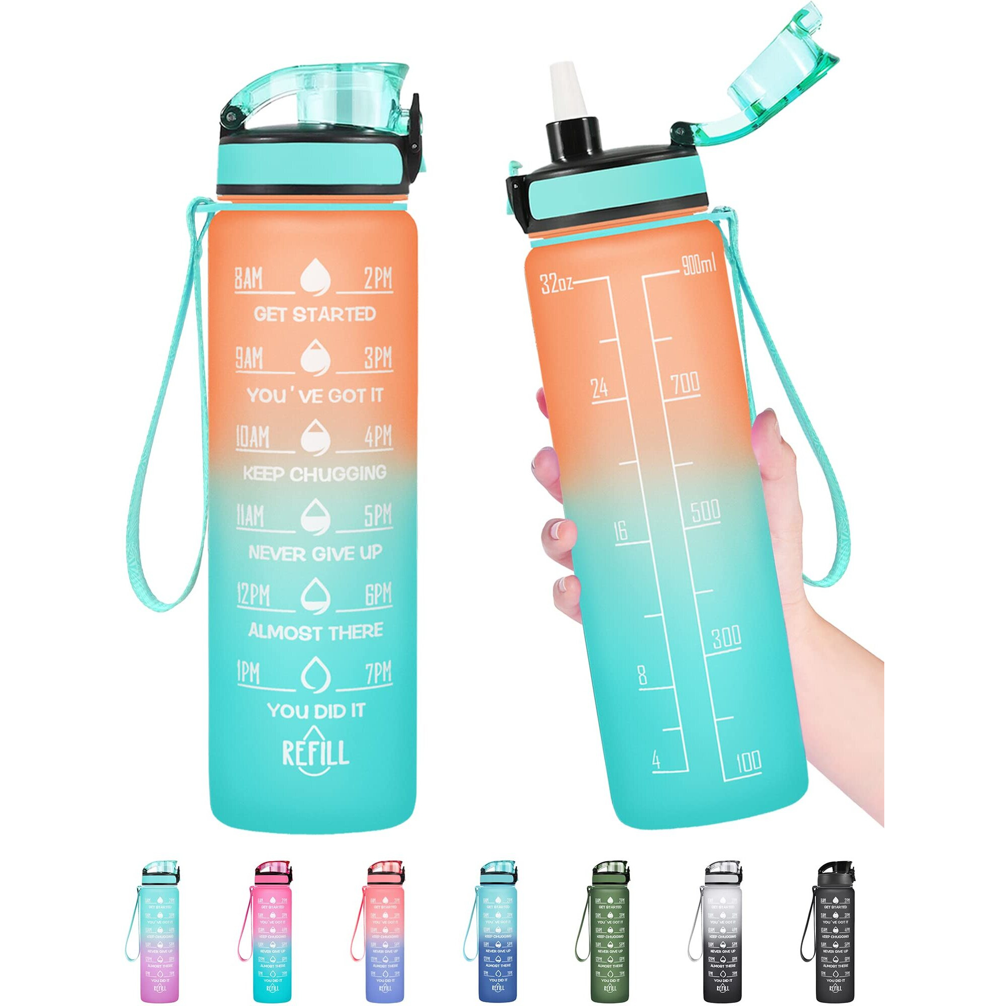 Enerbone 32 Oz Water Bottle, Leakproof Bpa & Toxic Free, Motivational Water Bottle With Times To Drink And Straw, Fitness Sports Water Bottle With Strap For Office, Gym, Outdoor Sports, Orange-Green